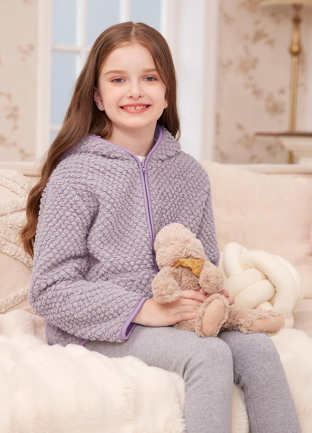 Girls Full Zip Jacket Sherpa Fleece Hoodie Winter Long Sleeve Coat