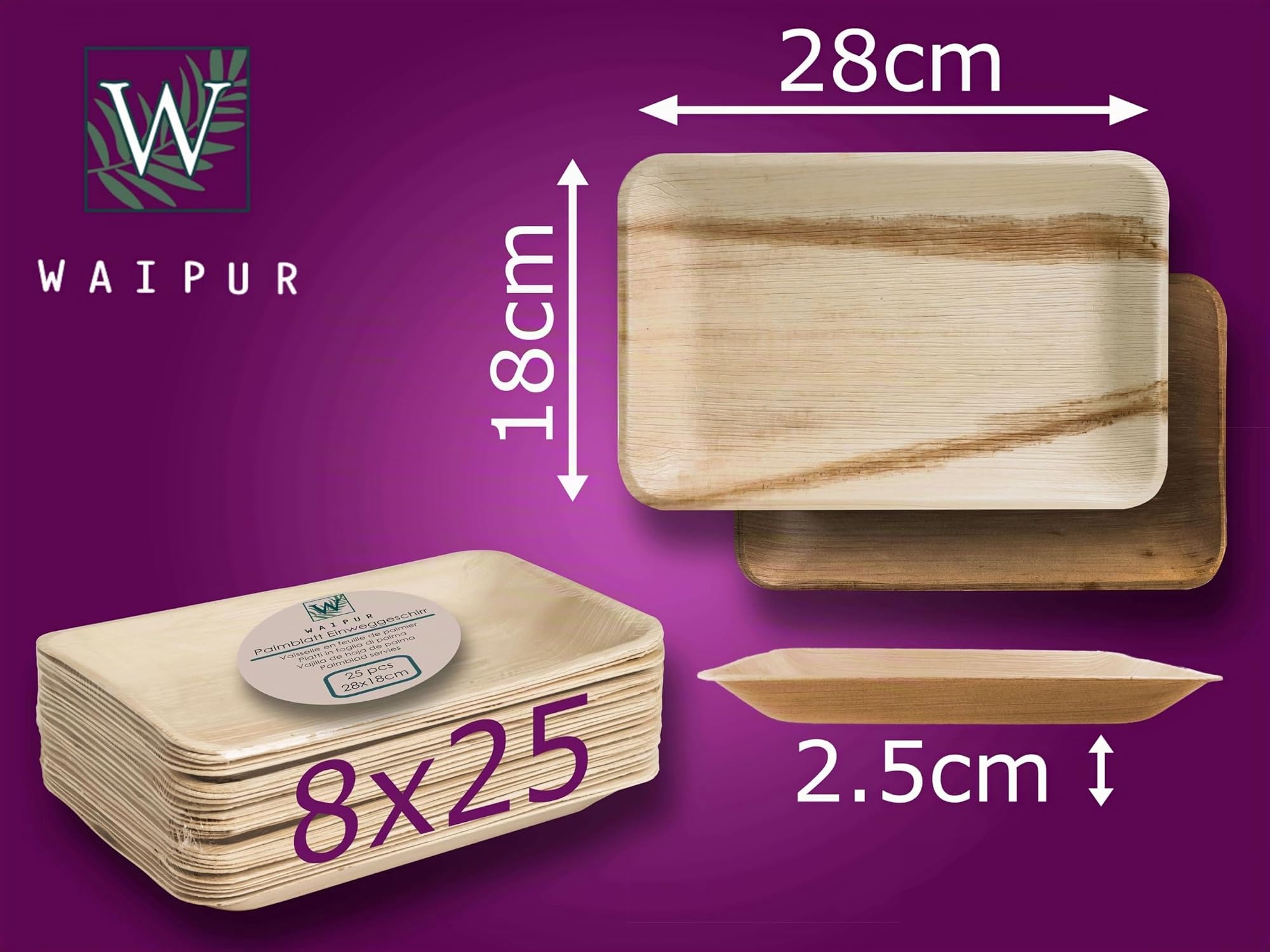 Assiette Jetable en Feuille de Palmier - 200 pcs. Rectangulaires 28x18 cm - Vaisselle Naturelle et Élégante - Chic, Résistante et au Design Unique - Plat Bambou et Bois similaire