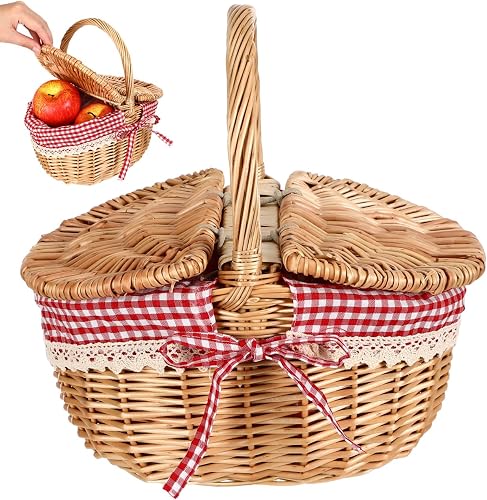 iplusmile Wicker Picnic Basket: Natural Hand Woven Retro Basket with Removable Red And White Checkered Liner Lid for Picnic, Camping, Easter Egg Gathering