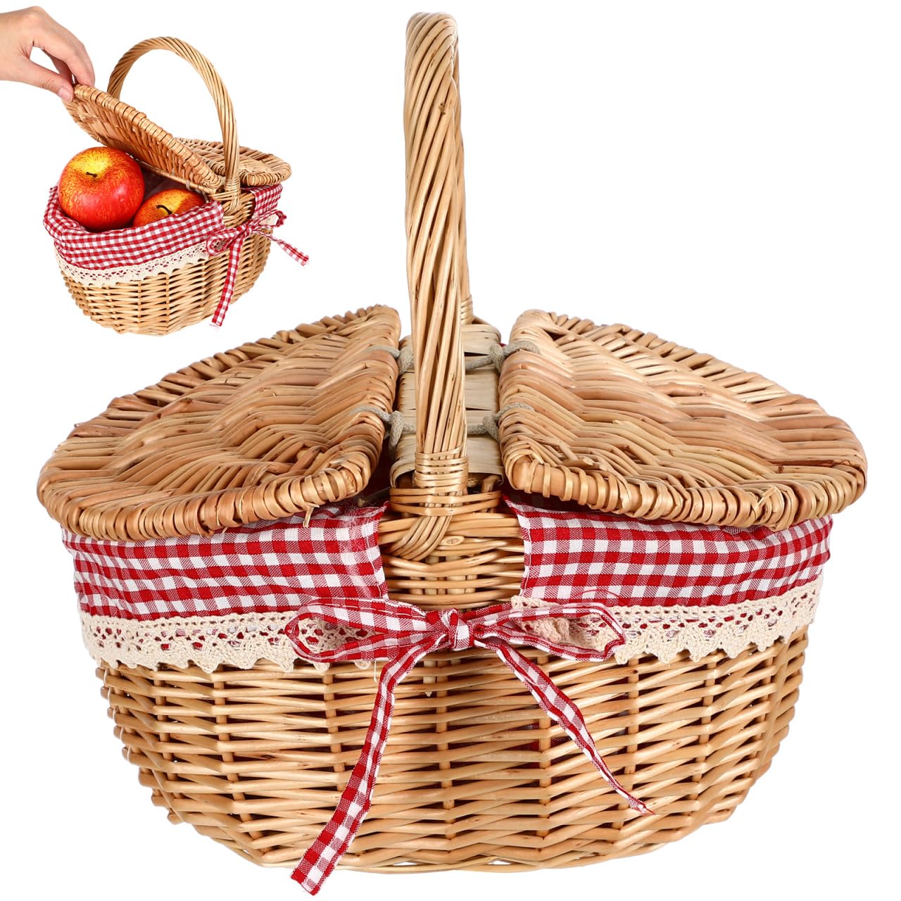 Amosfun Cesta de almacenamiento de ratán con tapas dobles de 10.24 x 7.09 x 4.92 pulgadas, cesta tejida de mano para pan, picnic, almacenamiento de alimentos y uso en el jardín