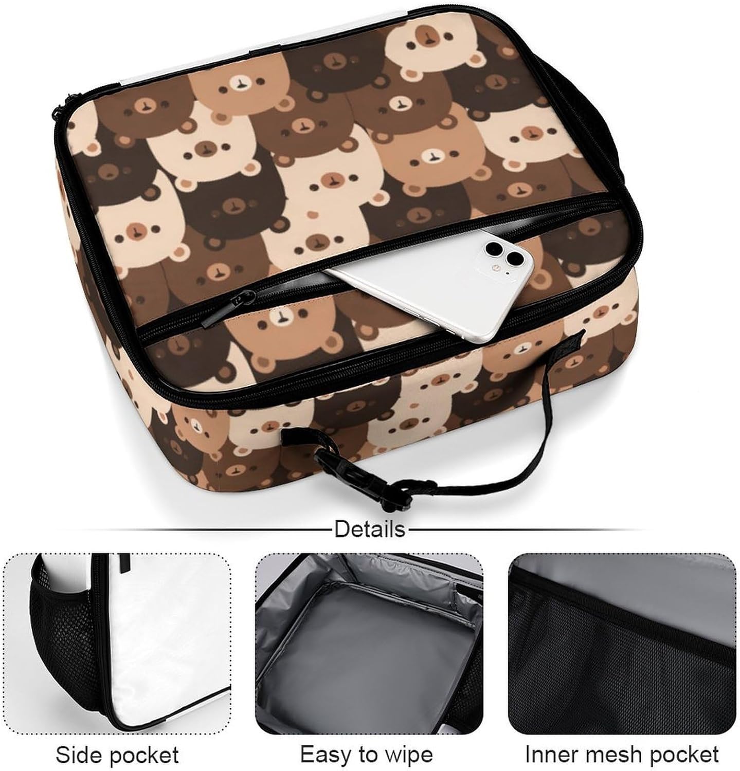 Cute Teddy Bear Reusable Lunch Box Insulated Lunch Bag Cooler Bag Lunchbox Meal Food Container Tote Bag for Women Kids Girls Boy School Camping Hiking Picnic Beach Travel