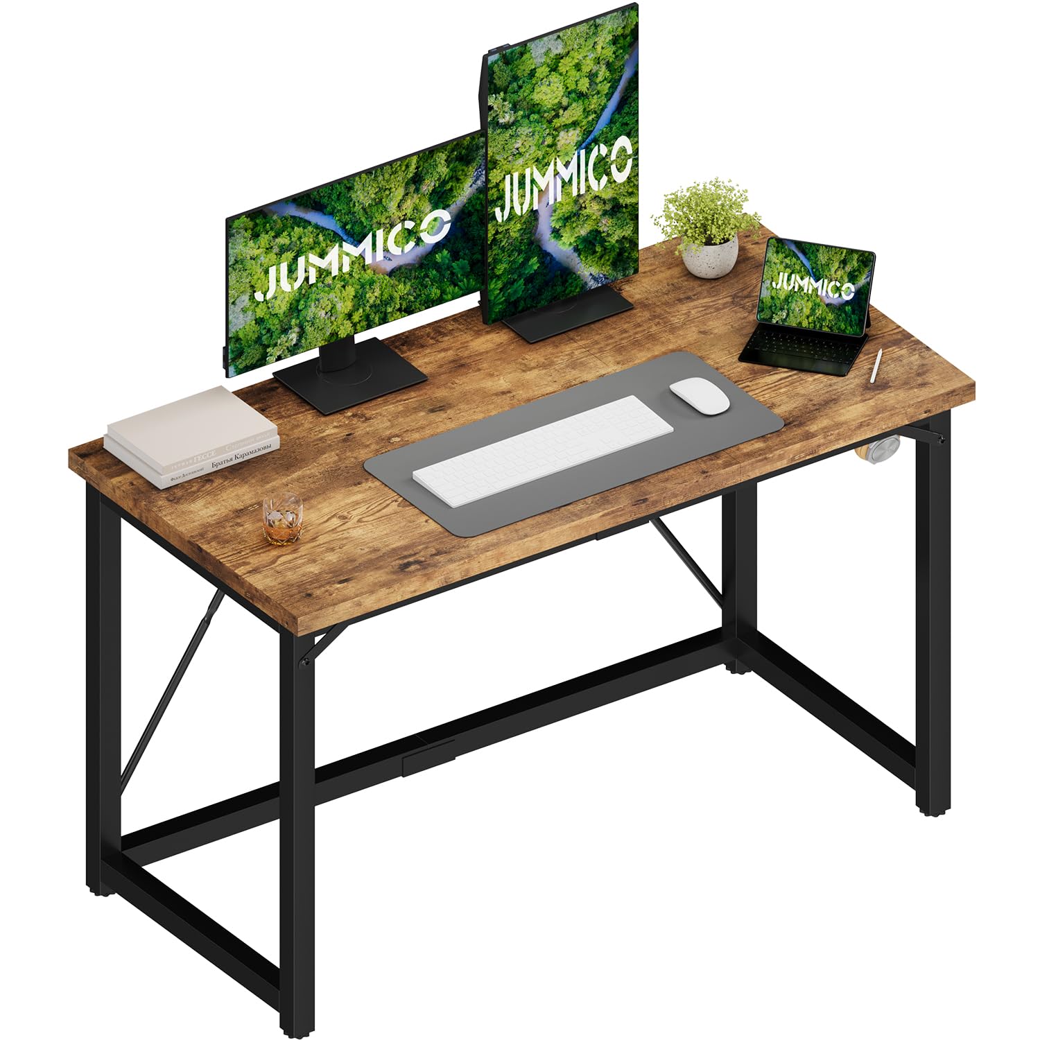 JUMMICO Computer Desk Table Workstation 120 x 50 x 75 cm for Office Living Room Bedroom Simple Assembly Industrial Design Black Desk Metal Frame,Rustic Brown — image 1
