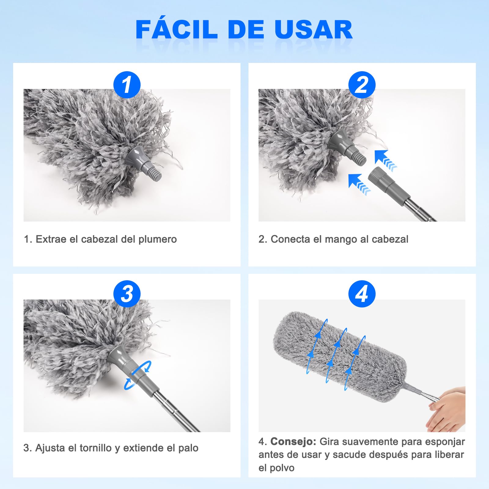Apasiri Plumero de Plumas con Poste Telescópico Largo y 2 Cabezales de Microfibra Lavables, Herramienta de Limpieza Extensible para el Hogar, Techo y Zonas de Difícil Acceso, Sin Arañazos, Fácil de — view 7