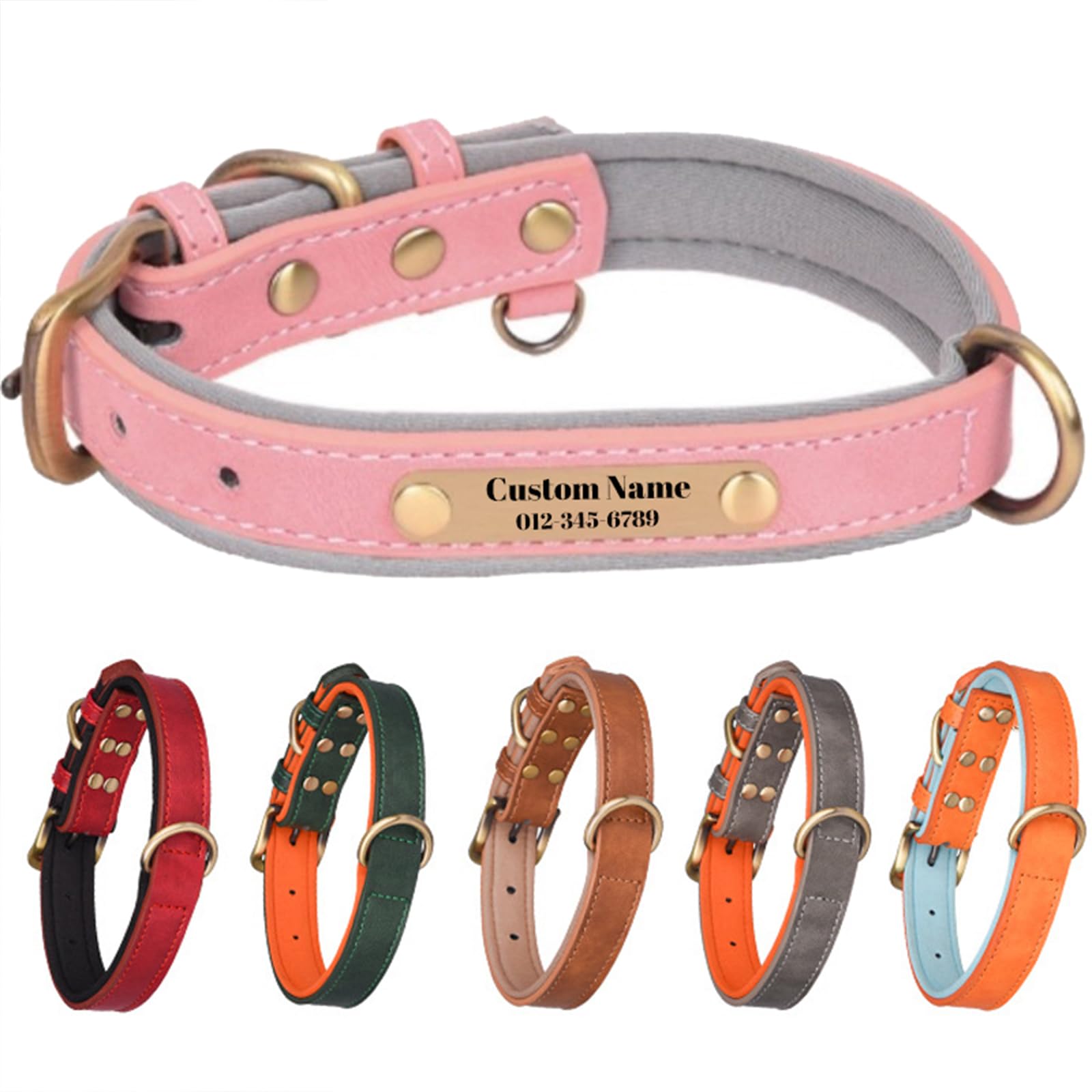 Collar de cuero personalizado para perro, ajustable, personalizable para perro pequeño, mediano, grande, XL, placa de nombre grabable (rosa)