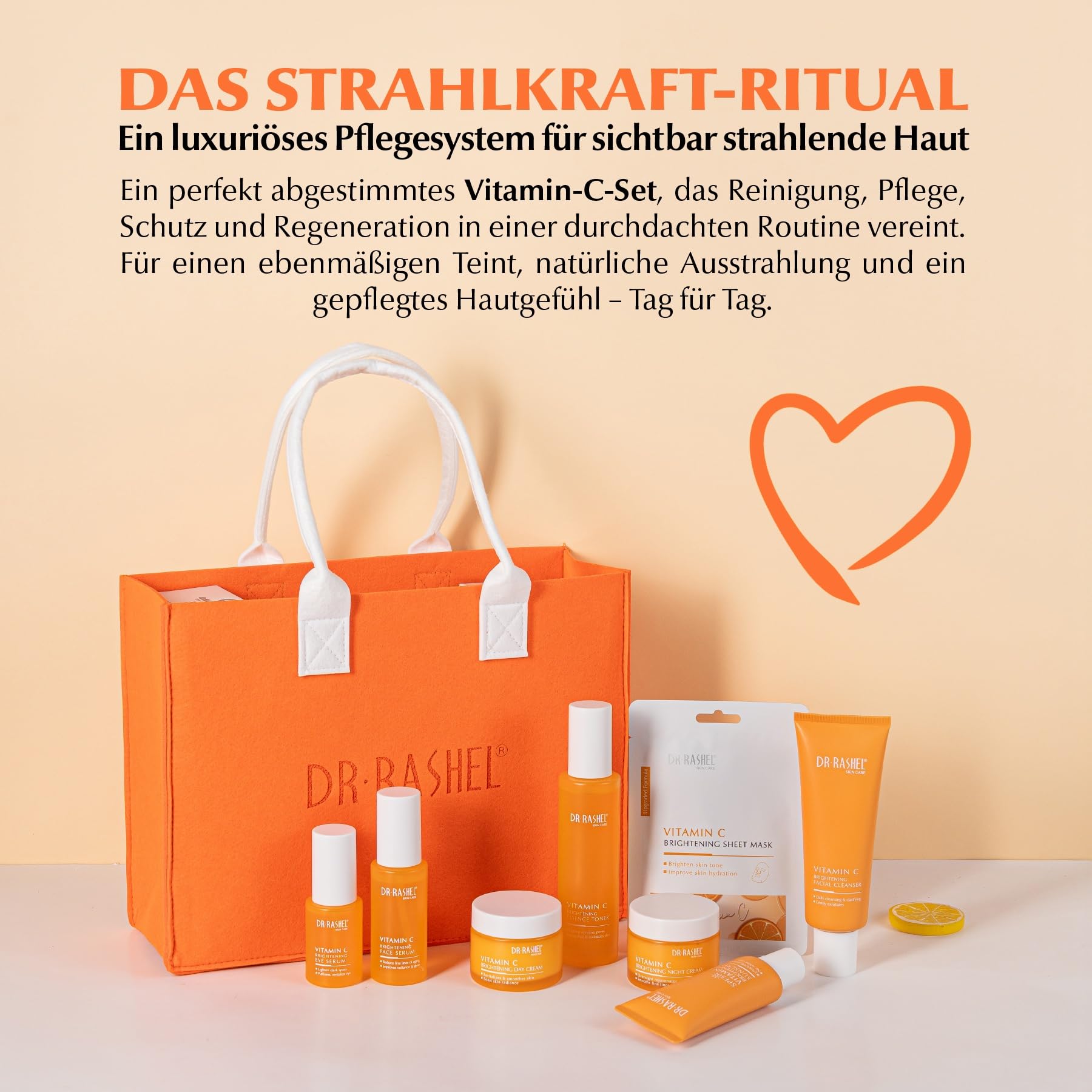 Zestaw do pielęgnacji twarzy z witaminą C – serum do twarzy, serum pod oczy, krem na dzień i na noc, 10 x maseczka chusteczkowa, oczyszczanie twarzy, toner, krem przeciwsłoneczny SPF 50