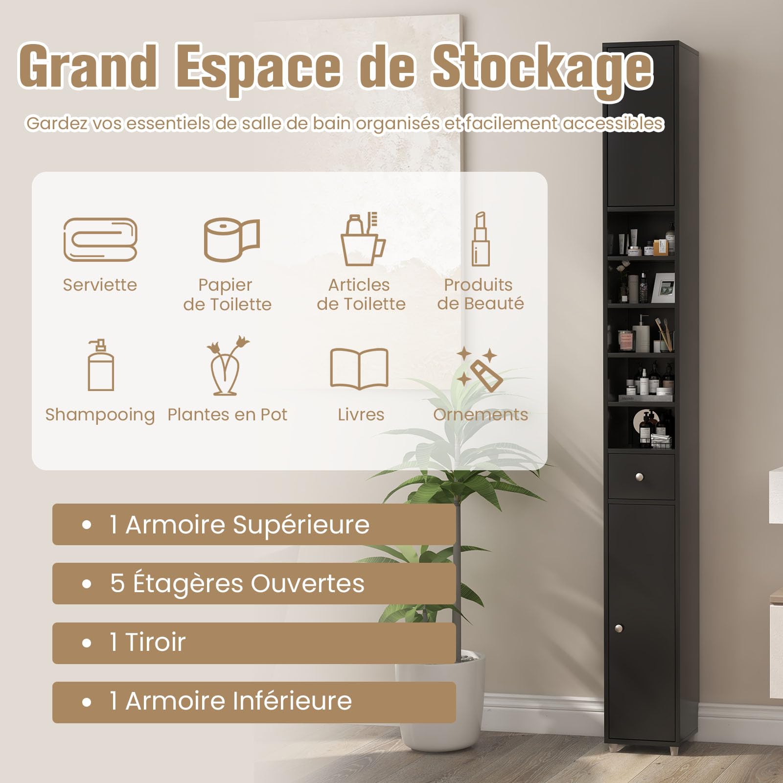Armoire Salle De Bain Haute 180 Cm - 2 Portes, 1 Tiroir, 5 étagères Réglables, Blanc, Pour Petits Espaces - 9