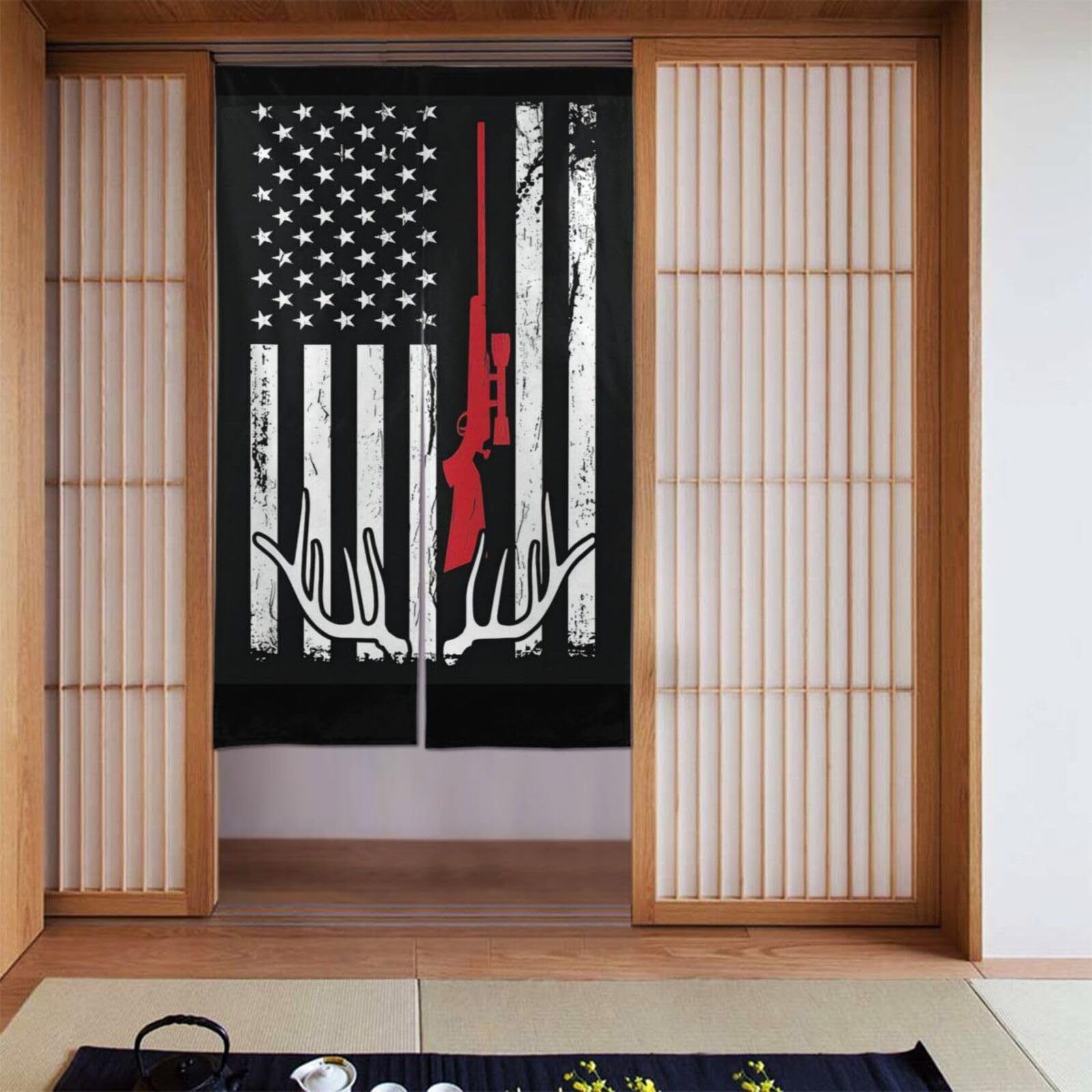 Lukiyys Vintage Deer Hunting American Flag with Gun Door Curtains,Doorways Curtains for Windows,Bedroom Divider 34"X 56"