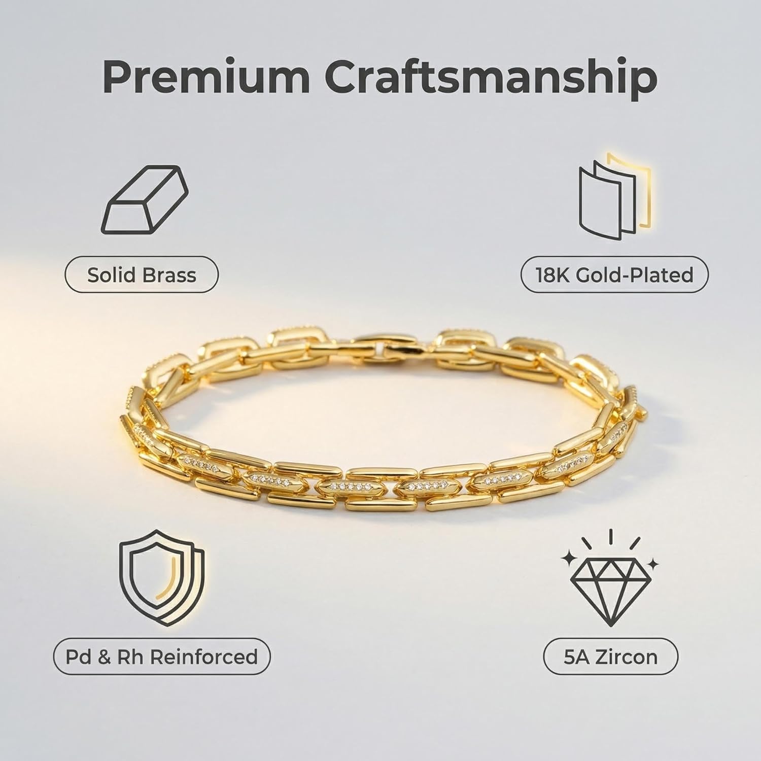 Men’s 18K Gold-Plated Brass Cuban Link Bracelet with CZ Details, One Size Chain Wrist Jewelry - Image 2