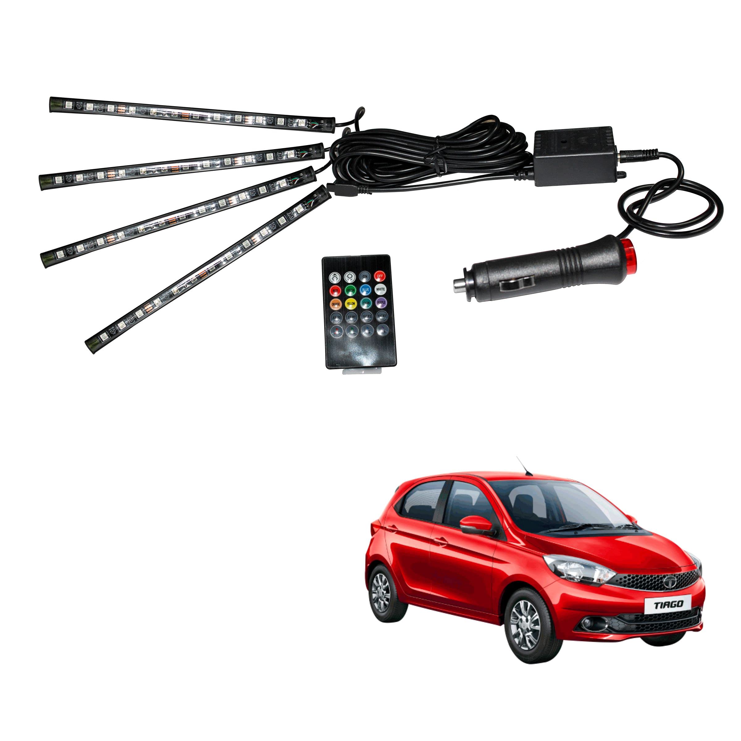 Asryd Atmosphere Light 12 LED RGB Multi Color Car Interior Decorative Floor Light with Sounds Activated Wireless IR Remote Control Lighting Kit For Tata Tiago EV