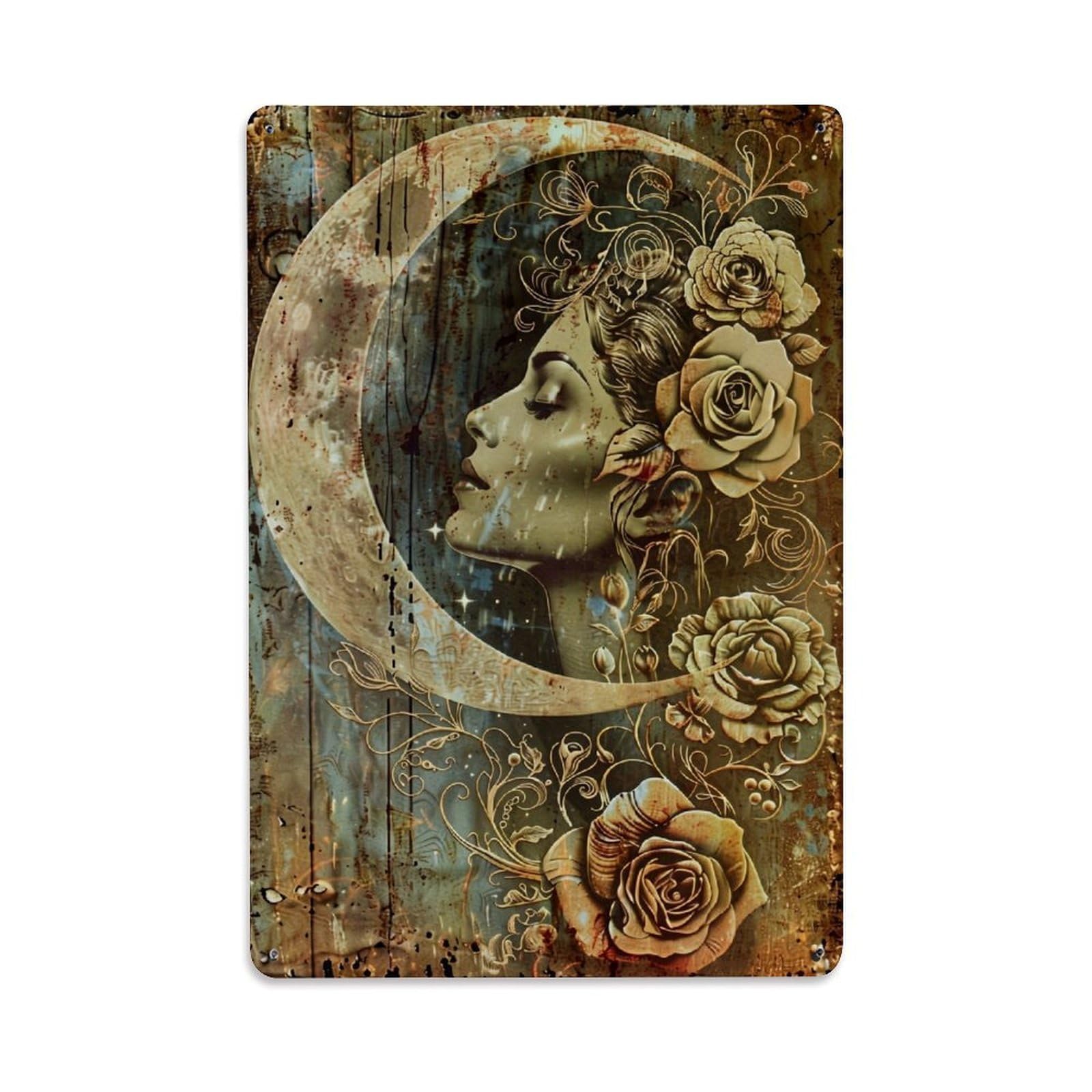 Jdfenggu Vintage Moon Face Roses Art Retro Metal Tin Sign, Decor Art Poster For Bar, Home, Man Cave, Kitchen, Laundry Room Gift 8X12inch