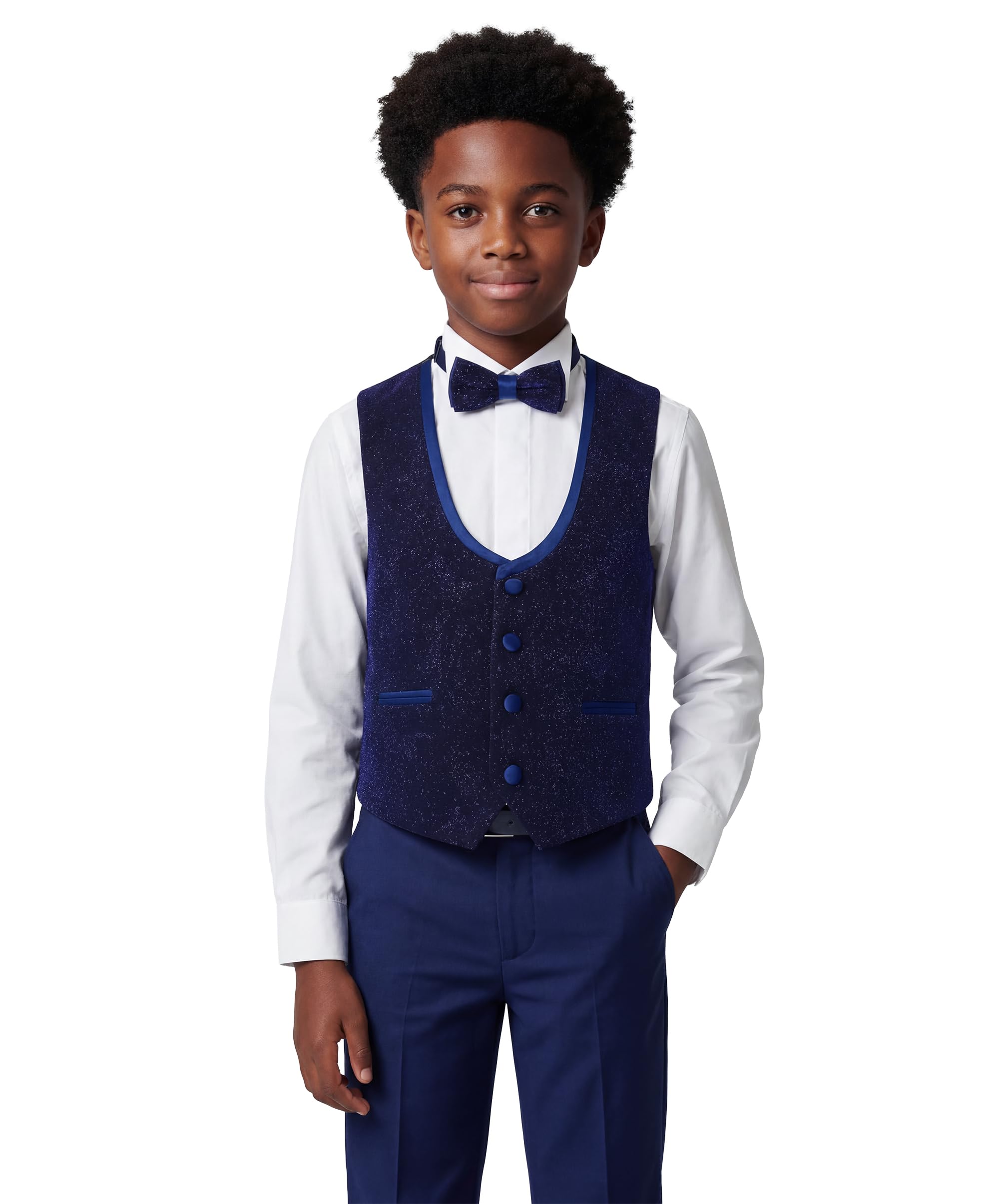 SIRRI Abito da Sposa Smoking luccicante da Paggio per Ragazzi in Set da 5 Pezzi Slim Fit Blu Navy per Occasioni Speciali