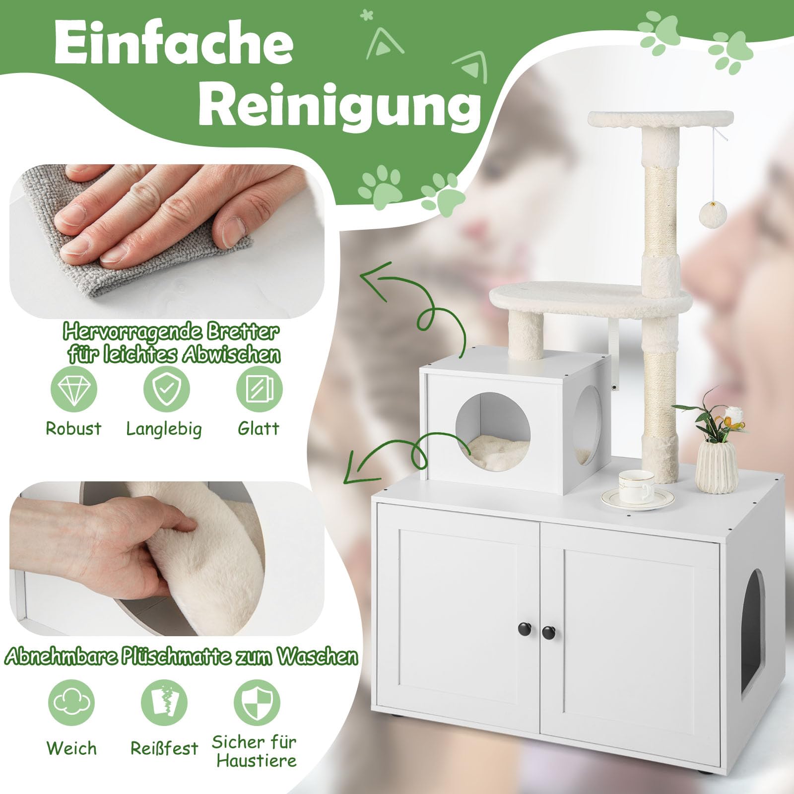 GYMAX 2-in-1 Kratzbaum 132 cm, multifunktionaler Katzenbaum mit Katzentoilette, Katzenschrank mit Katzenhaus, Kletterbaum, Katzenkratzbaum mit Plattform, Sisal-Kratzpfosten & hängendem Ball (Weiß)
