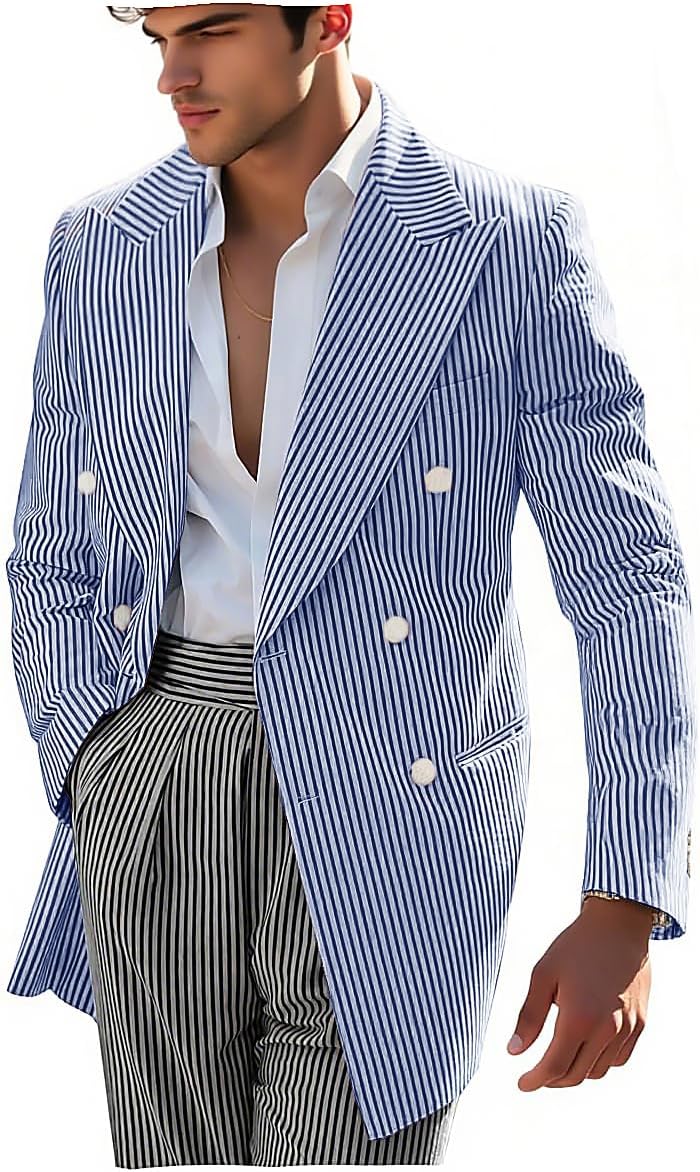 VENNYNG Men Stripes Suit Jacket Summer Double Breasted Seersucker Lightweight Sport Coat Casual Beach Party Blazer