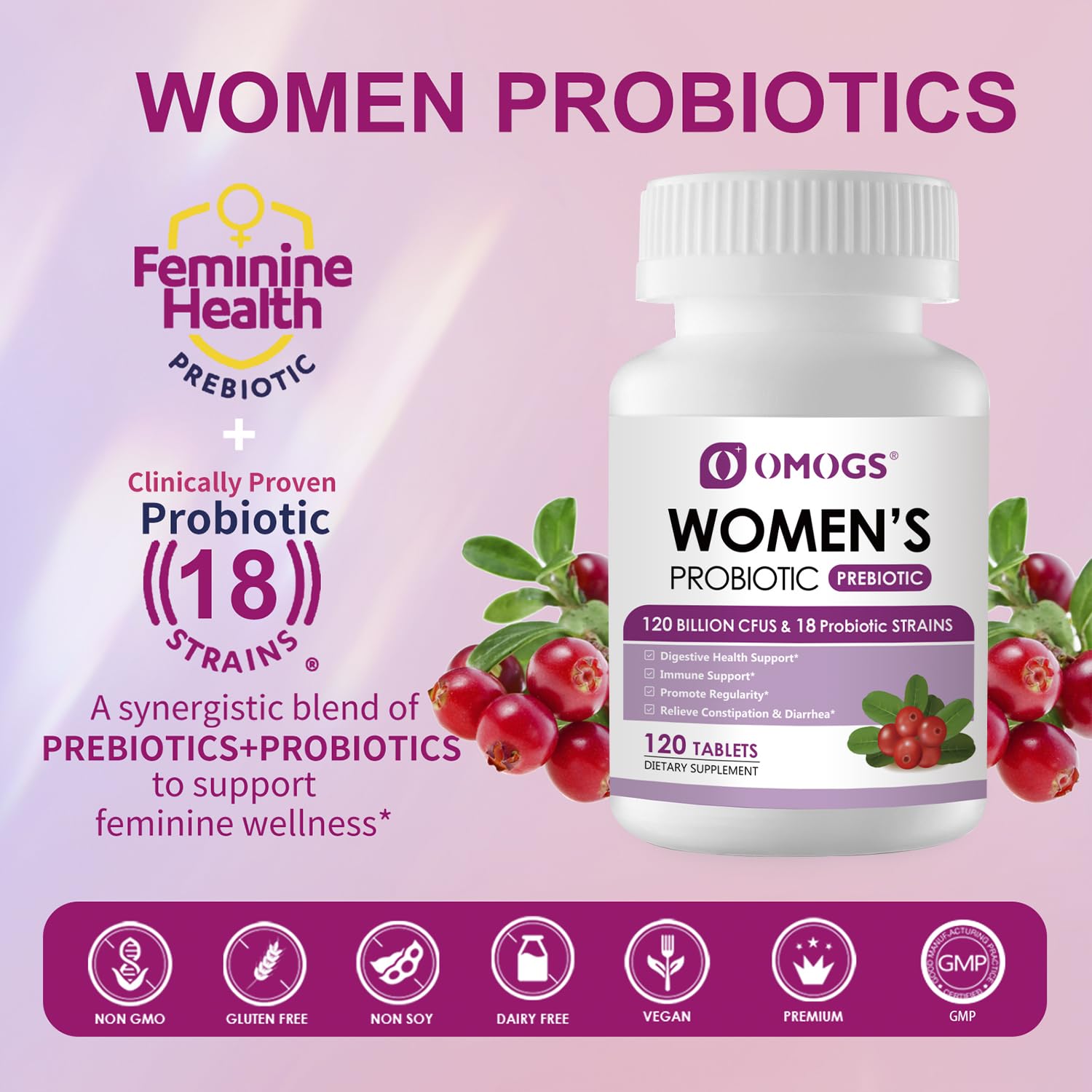 OMOGS Women's Probiotic, with Cranberry Extract, Organic Prebiotics & Vitamin C, 120 Billion CFUs,18 Strains, Help for Boost Immune, Digestive, Gut Health & Women's Health,120 Tablets — Amazon image 4