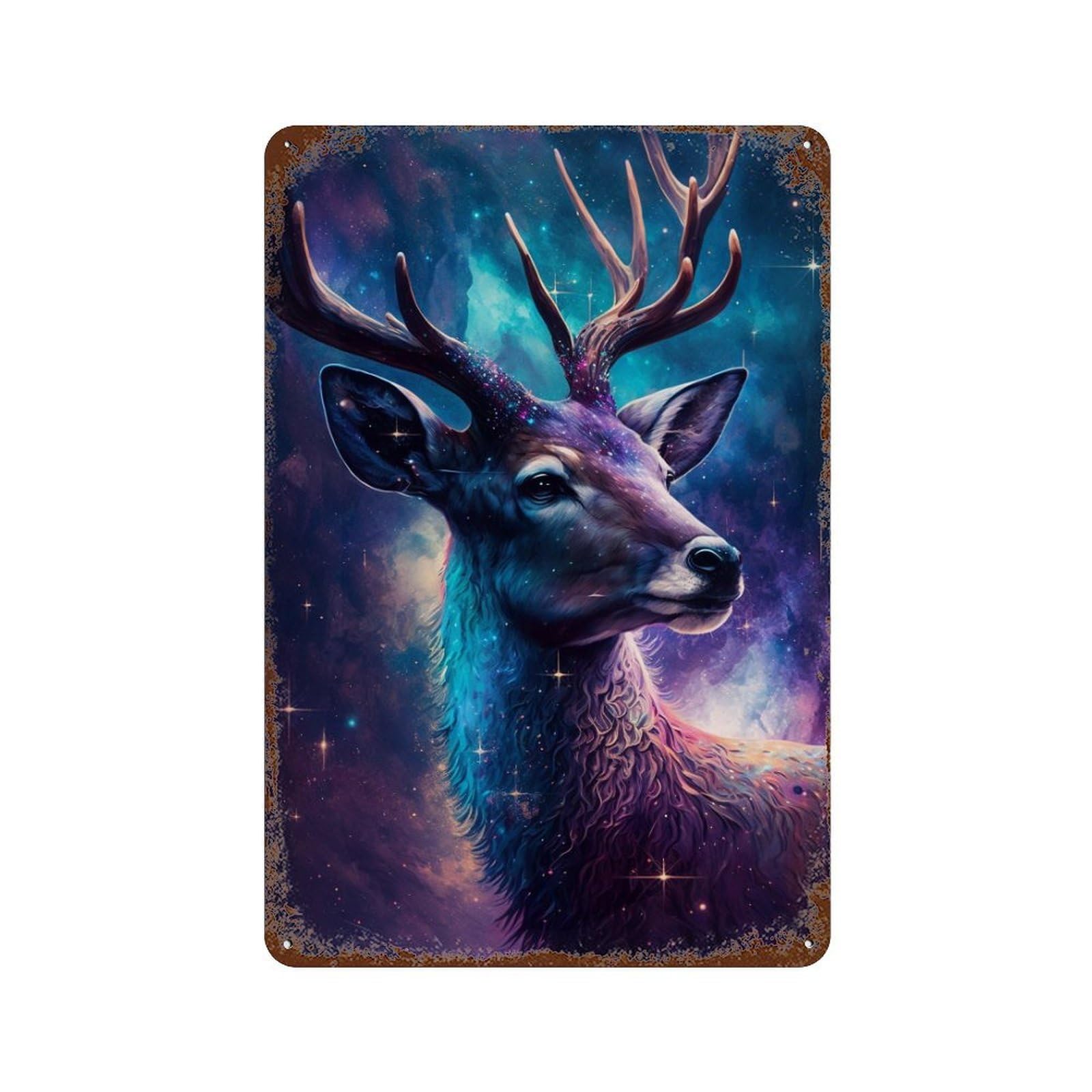 Rust Effect Galactic Deer Art Print-9 Distressed Metal Wall Sign 11.8"x7.9", Farmhouse Wall Decor for Office, Studio And Wall Decor