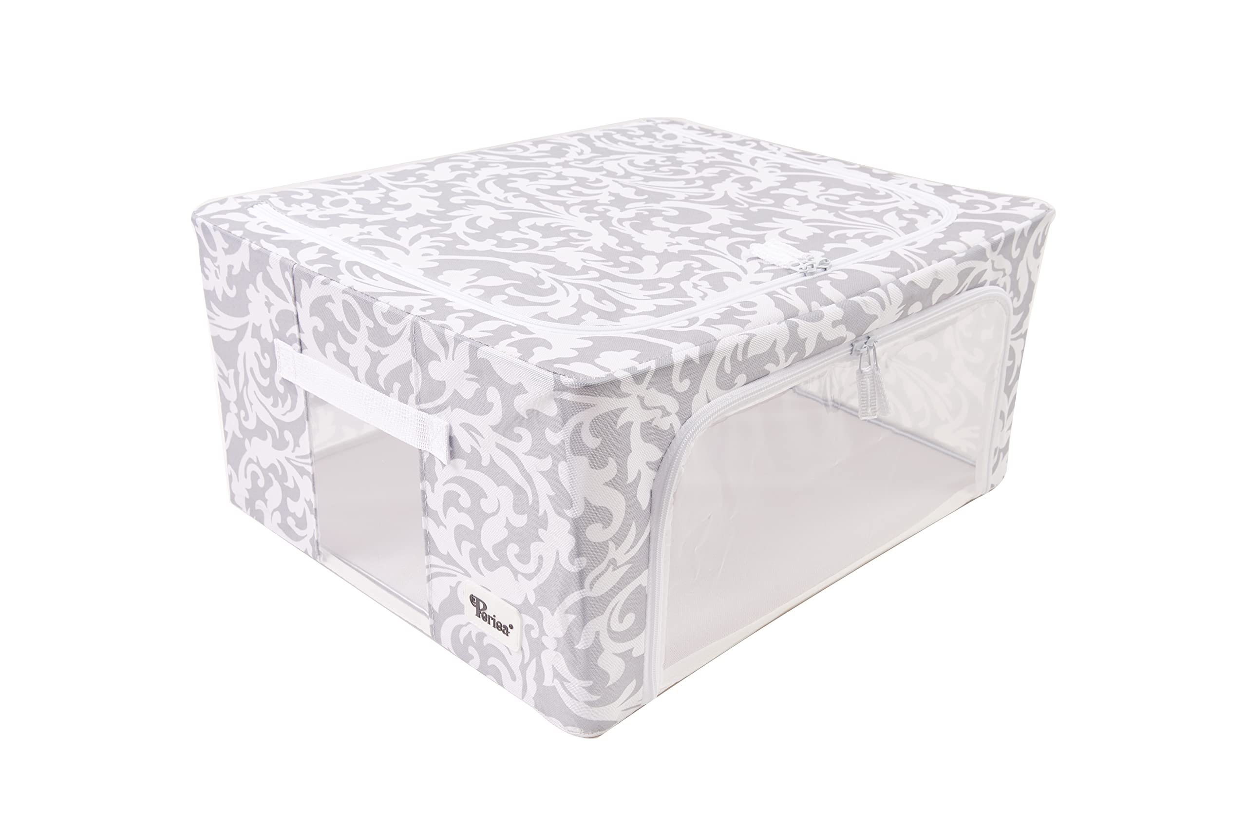 Periea ‘Beau’ Folding Collapsible Stackable Fabric Home Storage Boxes with Steel Frames (Grey Damask, Medium)