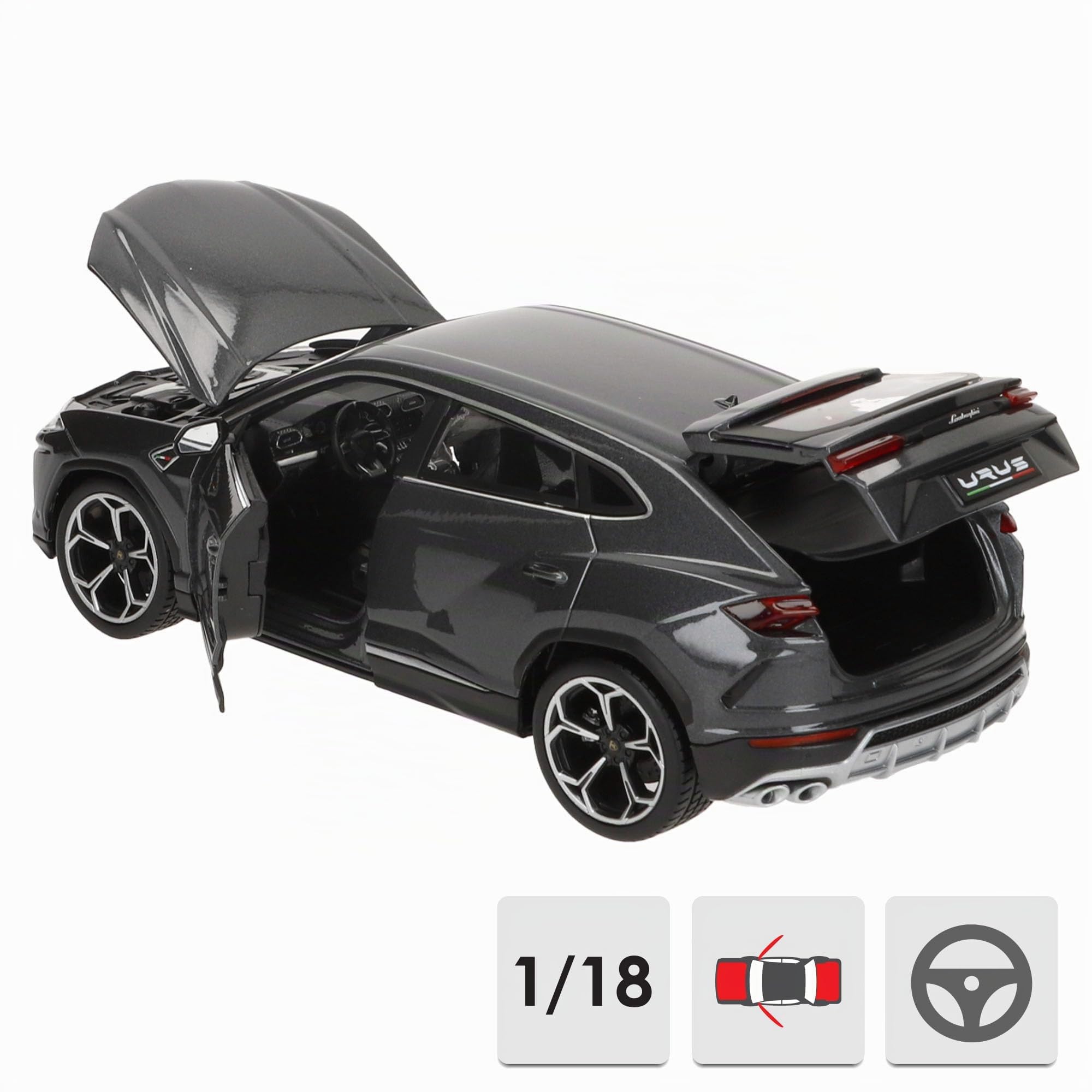 Bburago Lamborghini Urus: Modellauto im Maßstab 1:18, Türen, Kofferraum und Motorhaube zum Öffnen, lenkbar, 26 cm, grau (18-11042GR)