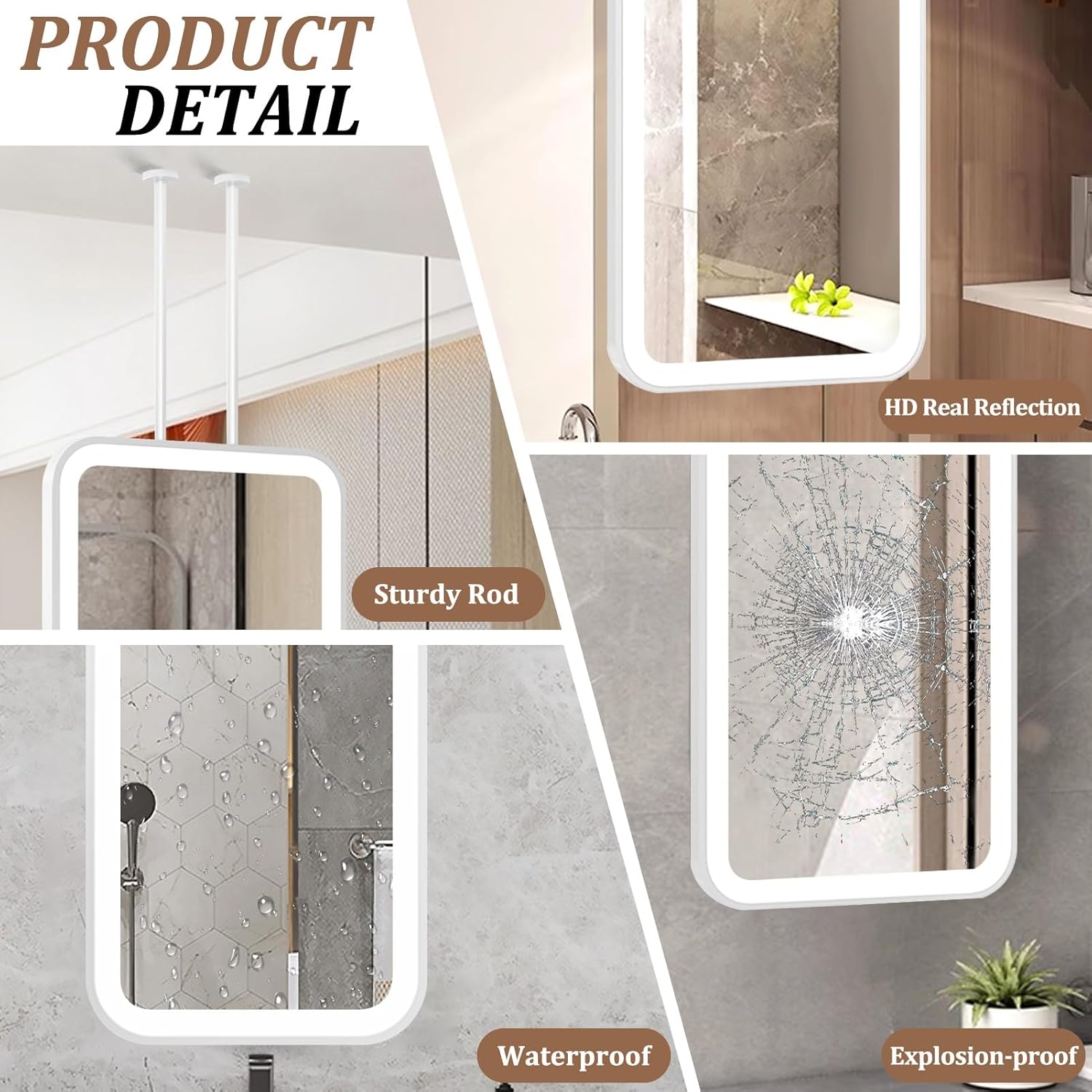 Amazon.co.jp: ミルオ君の鏡工房 LEDミラー 直角 ウォールミラー 浴室化粧鏡 バスルーム 壁掛け ドレッサー 洗面所 洗面台 省エネ  明るさ調整 曇り防止 防水加工 飛散防止 60x40cm 横掛け内蔵ライト : ホーム＆キッチン LEDライト付きスクエア天井取り付けミラー、フローティングロッド付きホワイト化粧台バスルームミラー、ホテル＆アパート用吊り下げ式大型