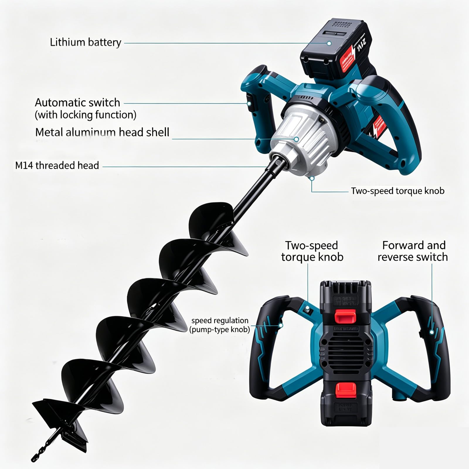 Punta da terra a batteria professionale, 1200 W, senza spazzole con 2 batterie da 4000 mAh, punta da 14 x 80 cm, trapano elettrico senza spazzole, adatta per trapano da terra con diametro da