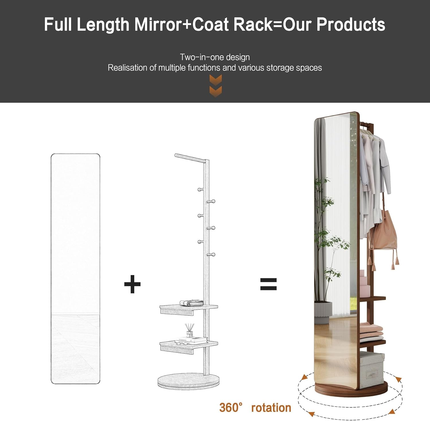 Clothes Rack with Full-Length Mirror, Swivel Full-Length Mirror & Rotating Mirrors with Storage, Floor Length Mirrors with Hanger and Open Shelves, Space Saver (Walnut, 69"x16")