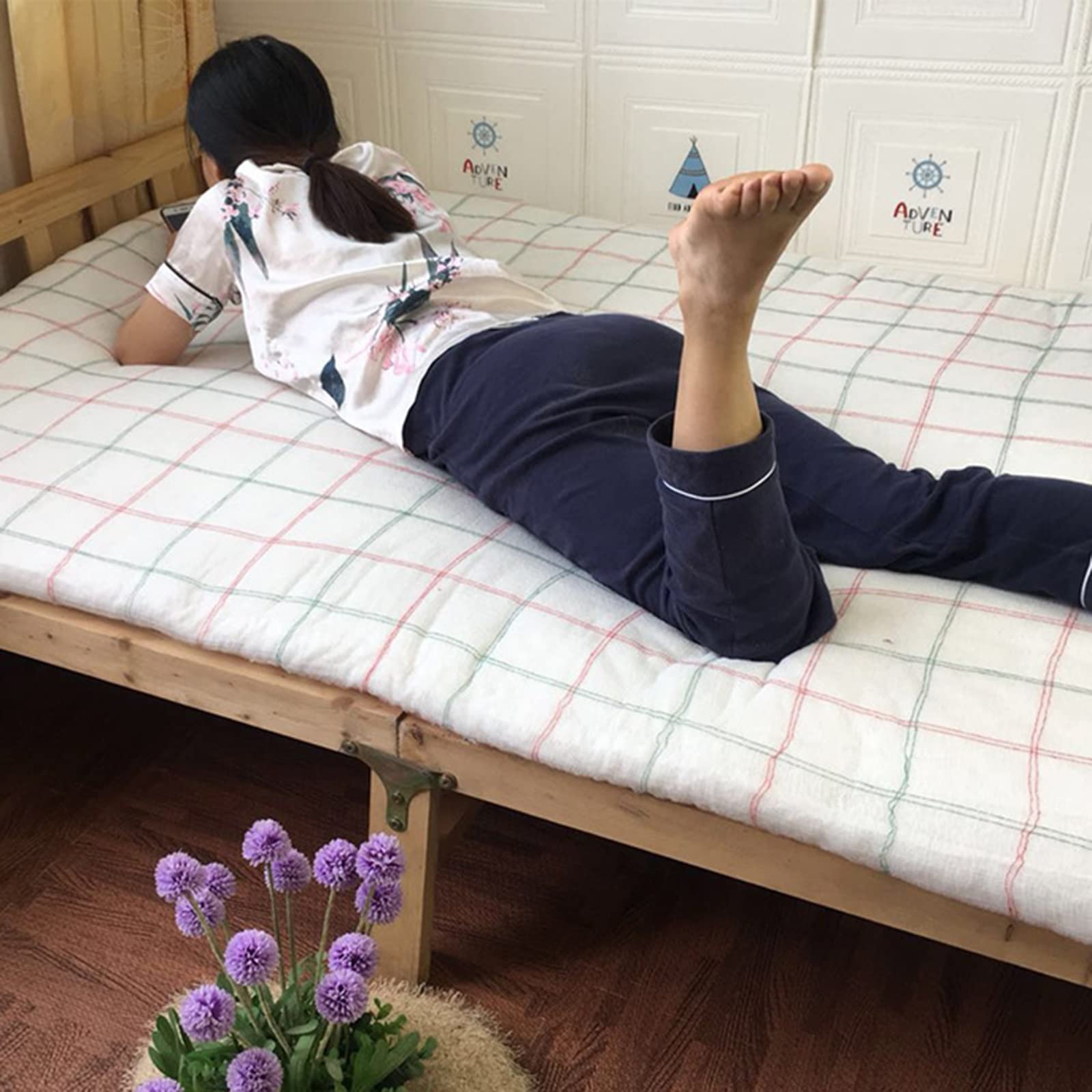 100% bawełniana cienka podkładka na materac futon, przenośna, składana podkładka na materac typu queen/king / pojedynczy rozmiar - miękka i przytulna, tradycyjny chiński design, biała (100 x 200 cm