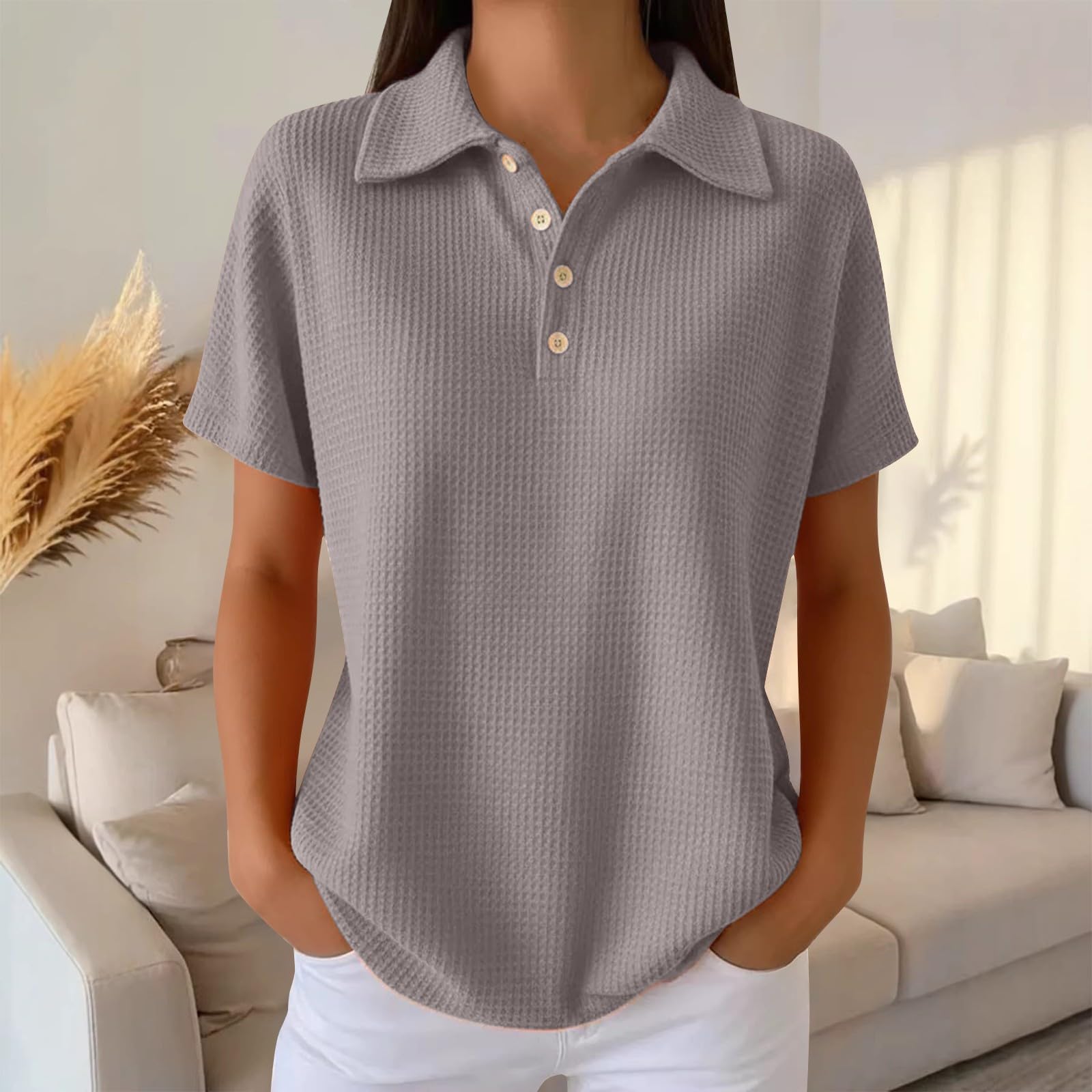 Polo d'été en tricot gaufré à manches courtes et col à revers boutonné pour femme, grande taille, décontracté, coupe ample, chemisier texturé