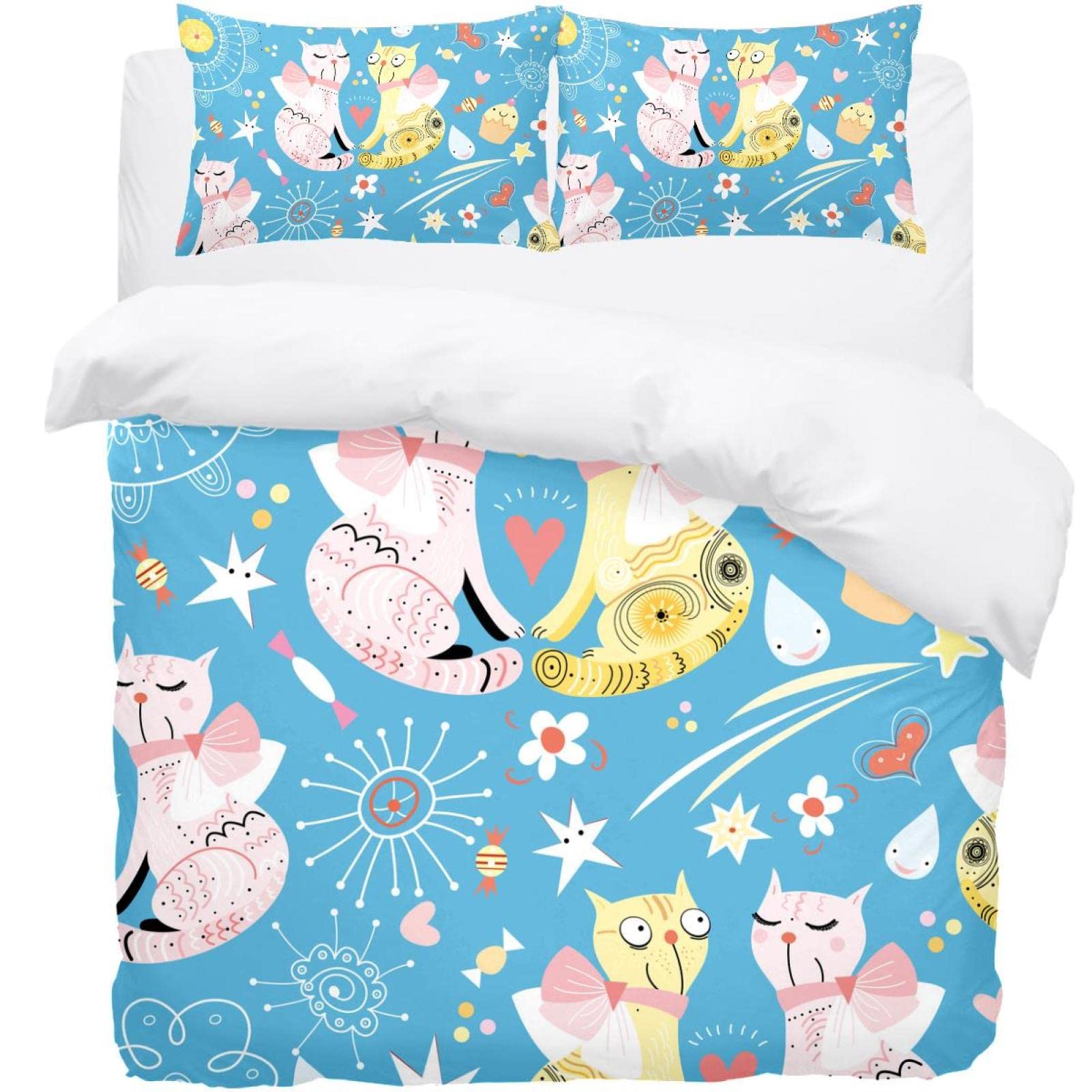 Housse de couette chat parure de lit adulte avec 2 taies d'oreiller carrées