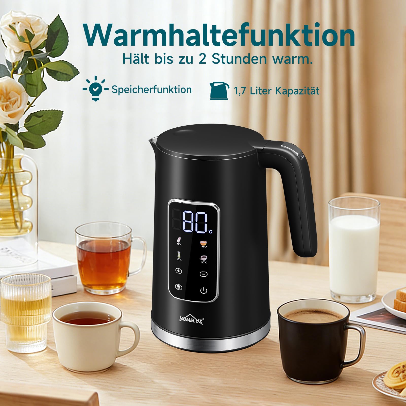 Czajnik elektryczny z regulacją temperatury, 1,7 l, czajnik ze stali nierdzewnej, 2200 W, czajnik do herbaty z 40-100°C, automatyczne wyłączanie prądu, funkcja utrzymania ciepła, ochrona przed