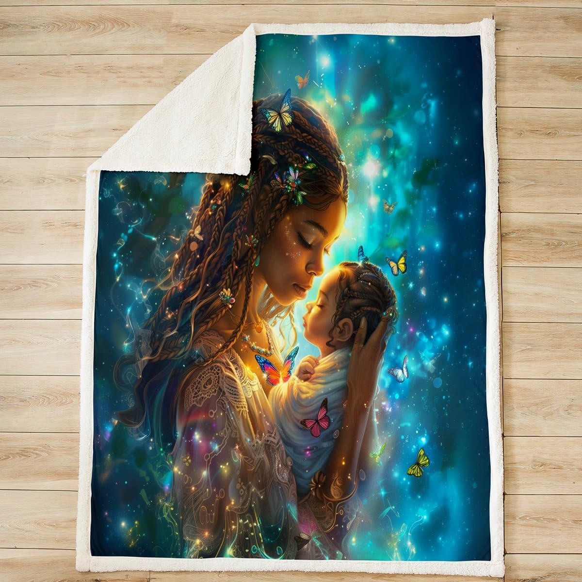 American Style Mom Fleece Blanket,Black Skin African Woman Kid Bed Blanket for Kids Teens,Dreamy Starry Butterfly Neon Blue Glitter Flannel Blanket for Room Decor,Queen 90"x90"