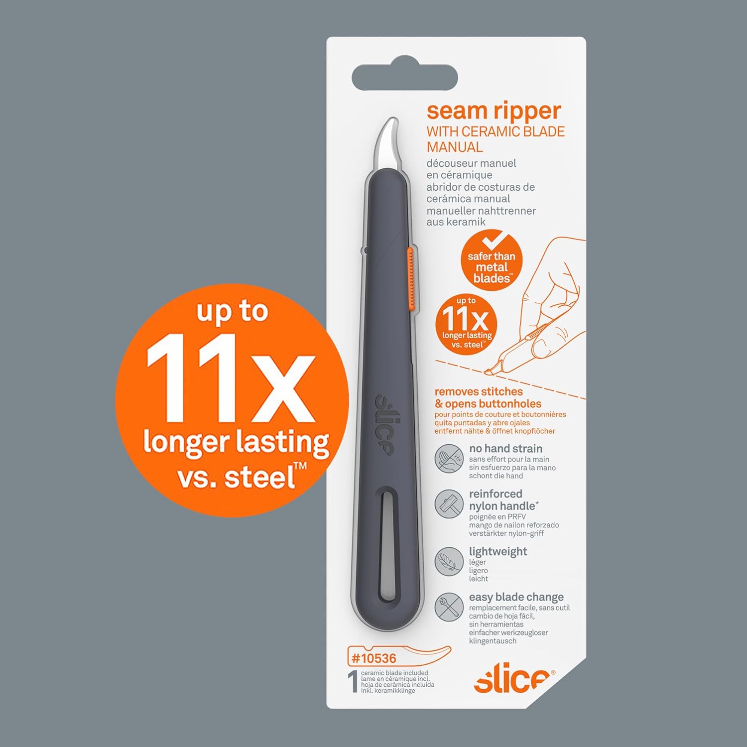 Slice 10596 Safety Seam Ripper With Manual Retraction, Safety Blade, Ambidextrous Tool, Replaceable Blade Lasts up to 11x Longer Than Metal - 1 Piece - - 