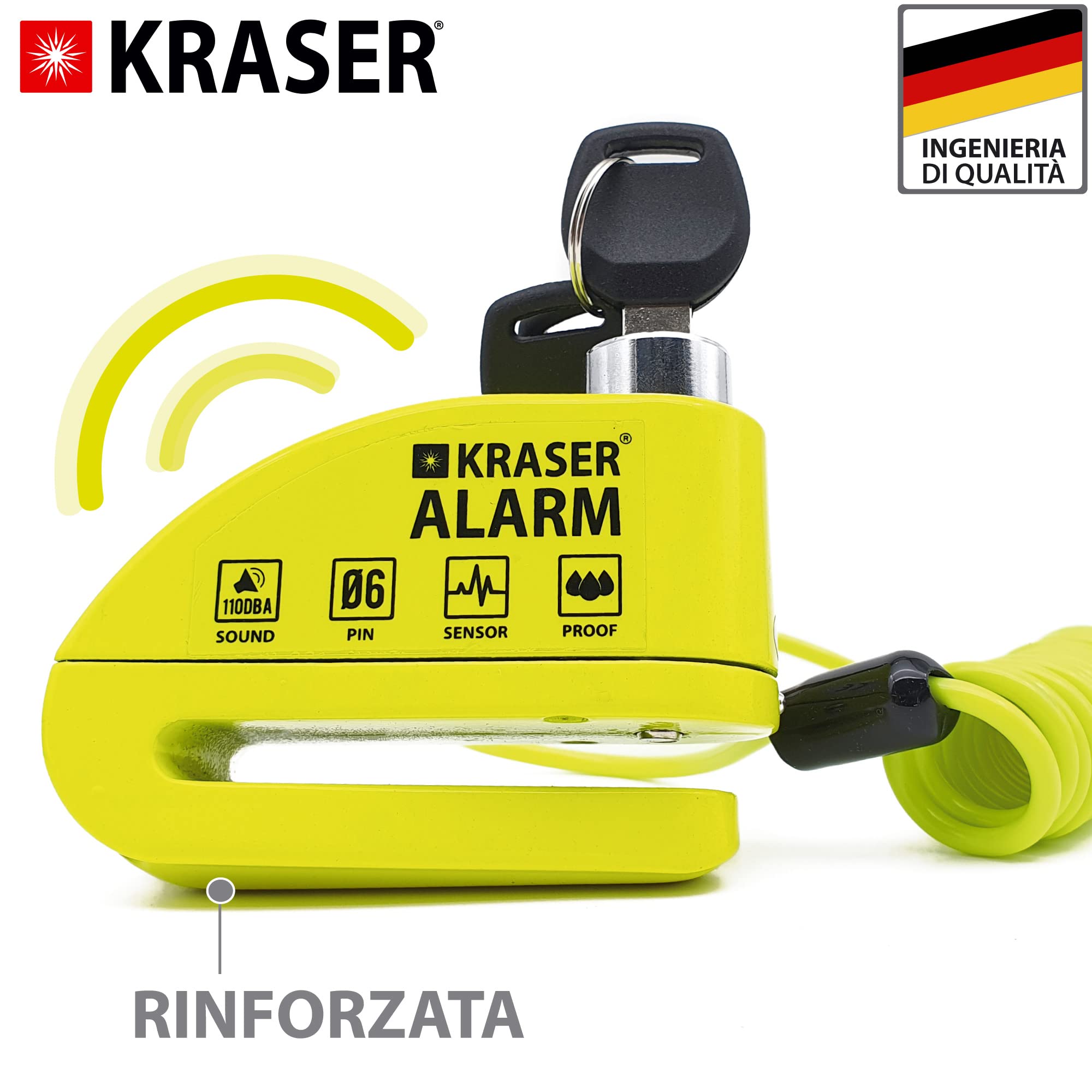 KRASER KR6Y Blocca Disco per Moto con Allarme 110dB, Antifurto Moto Nr1 Autobild, +Deterrente, 3 (altre 2) Chiavi Sicurezza, Impermeabile, Cavo Reminder 1.5m Borsa, Lucchetto Sonoro Scooter Bici