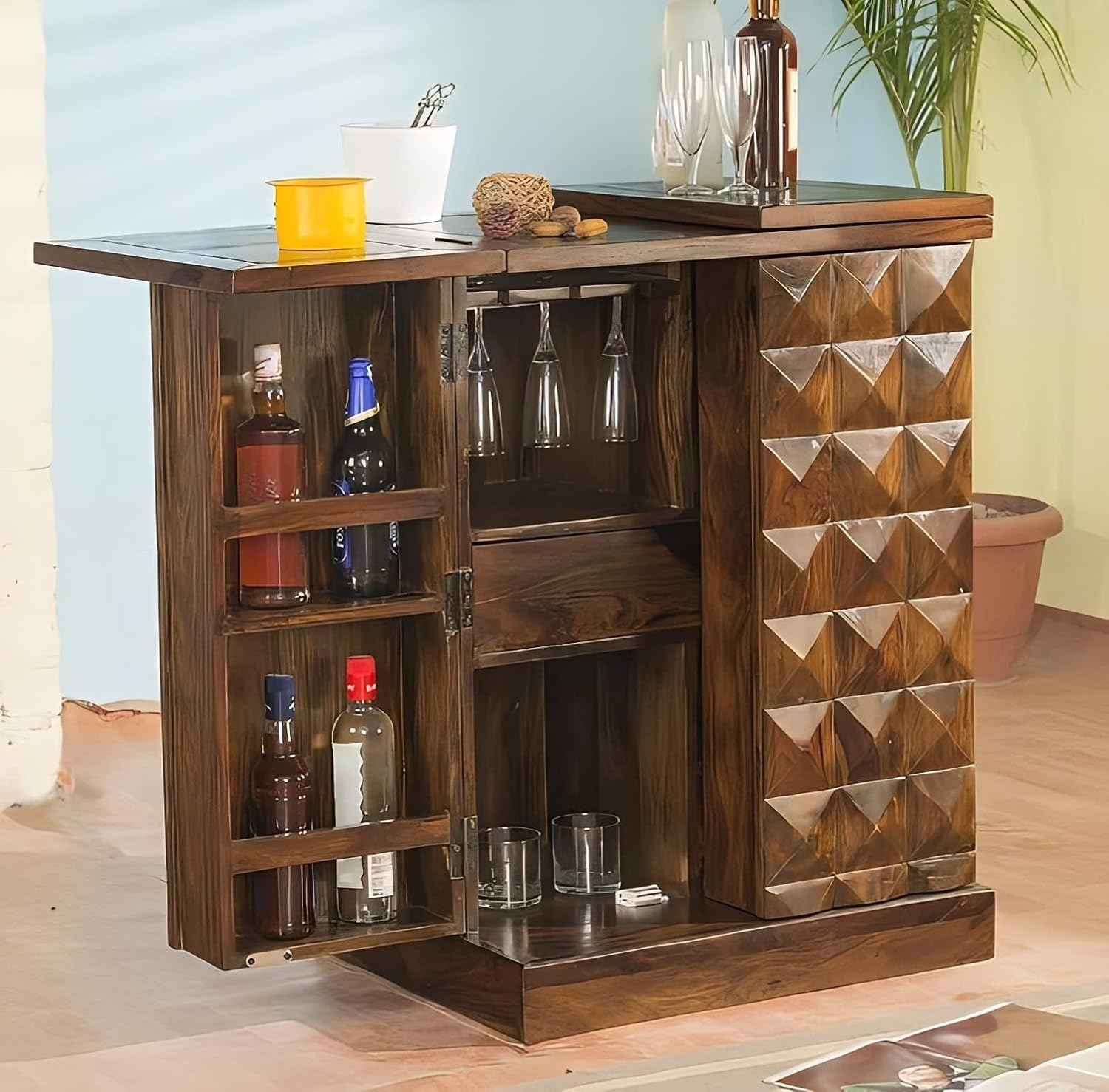 Solid Sheesham Wood Bar Cabinet for Home | Wooden Wine & Liquor Storage Rack for Whiskey, Scotch, Beer, Drinks | Living Room Bar Furniture | Pre-Assembled | Natural Teak Finish-image-21