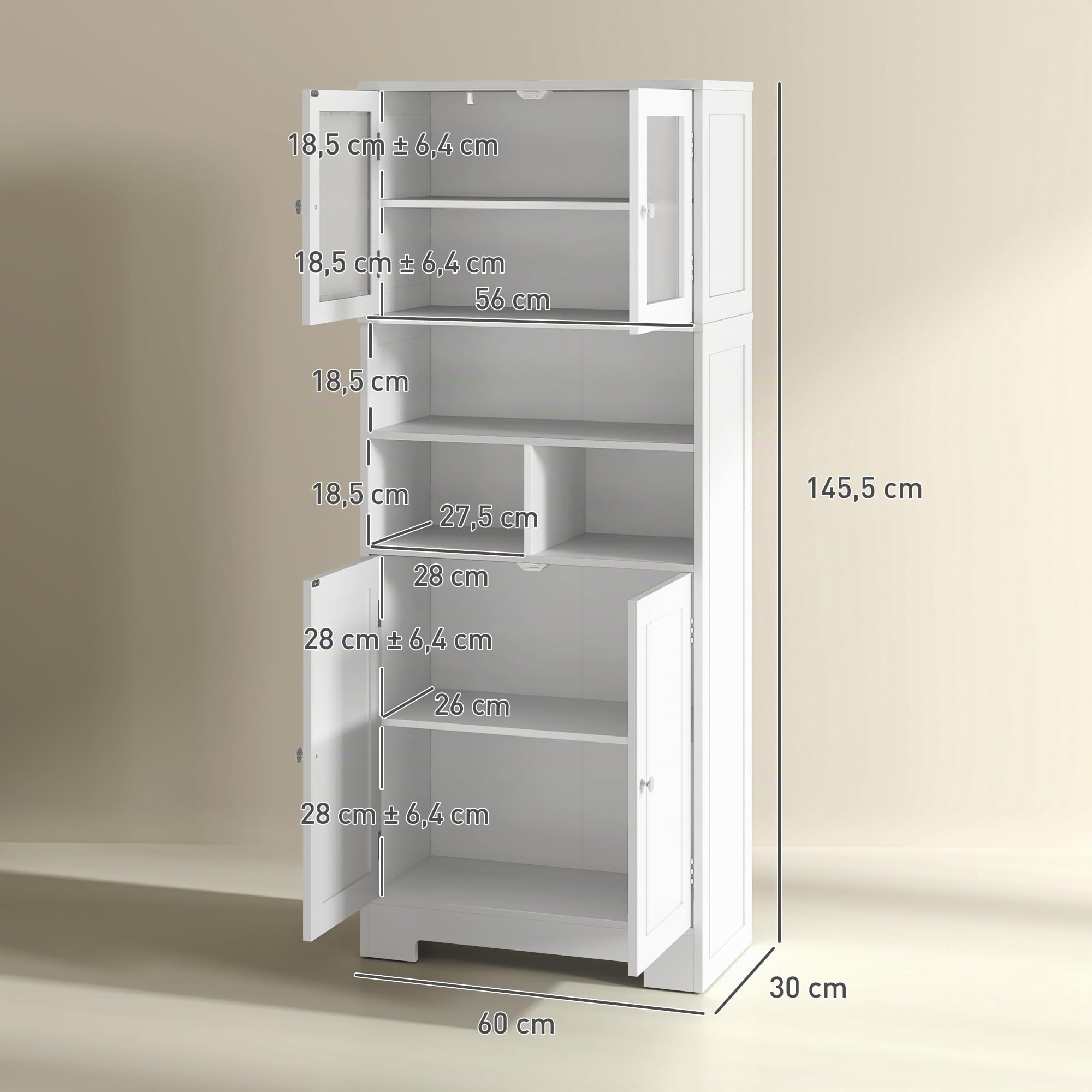 HOMCOM Alacena de Cocina Mueble Auxiliar de Cocina Aparador Alto con 2 Puertas de Vidrio Estantes Ajustables y Compartimentos Abiertos 60x30x145,5 cm Blanco