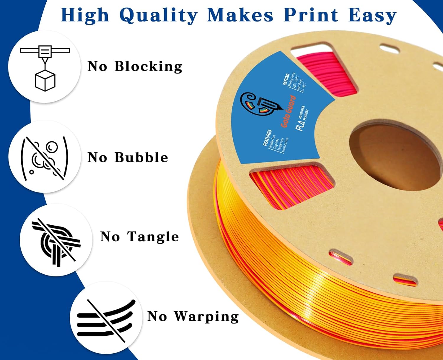 Goto Guard Silk PLA Filament,Dual Color PLA,Tri Color Filament Bundle,3D Filament Multicolor PLA, Multicolor Filament for Most 3D Printer, 3D Printing Filament 1.75mm 2KG(4.4lbs)