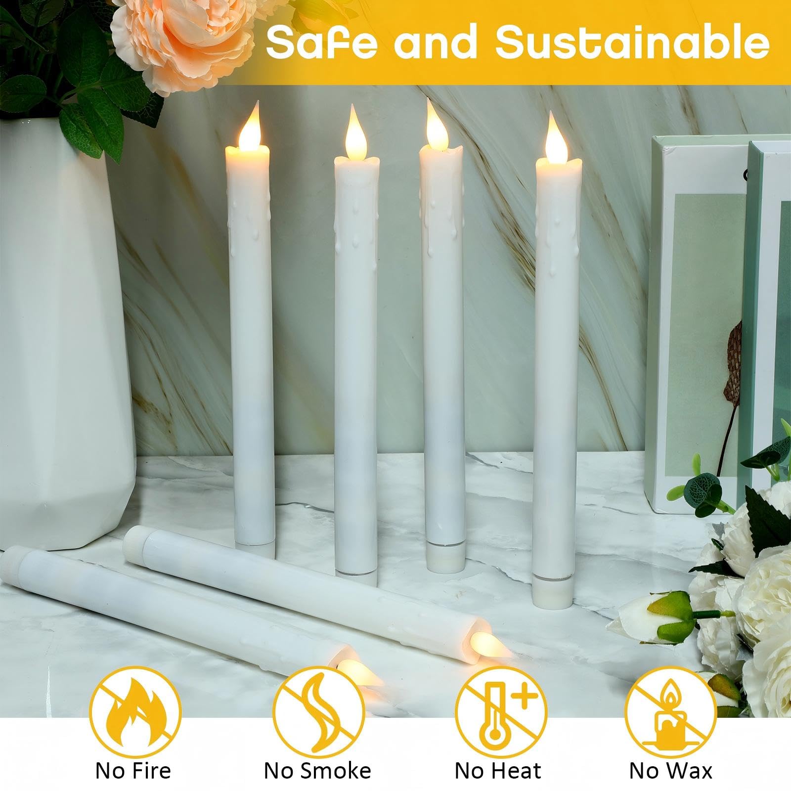 Baquler Lot de 24 bougies coniques sans flamme à piles - Simulation de cire qui coule - Bougies LED vacillantes pour mariage, Saint-Valentin, dîner, décoration d'intérieur - Blanc