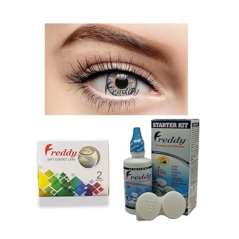 Freddy Monthly Color Contact Lenses (Zero Power) with Free Lens Solution & Lens Case/Container Kit (Gray)