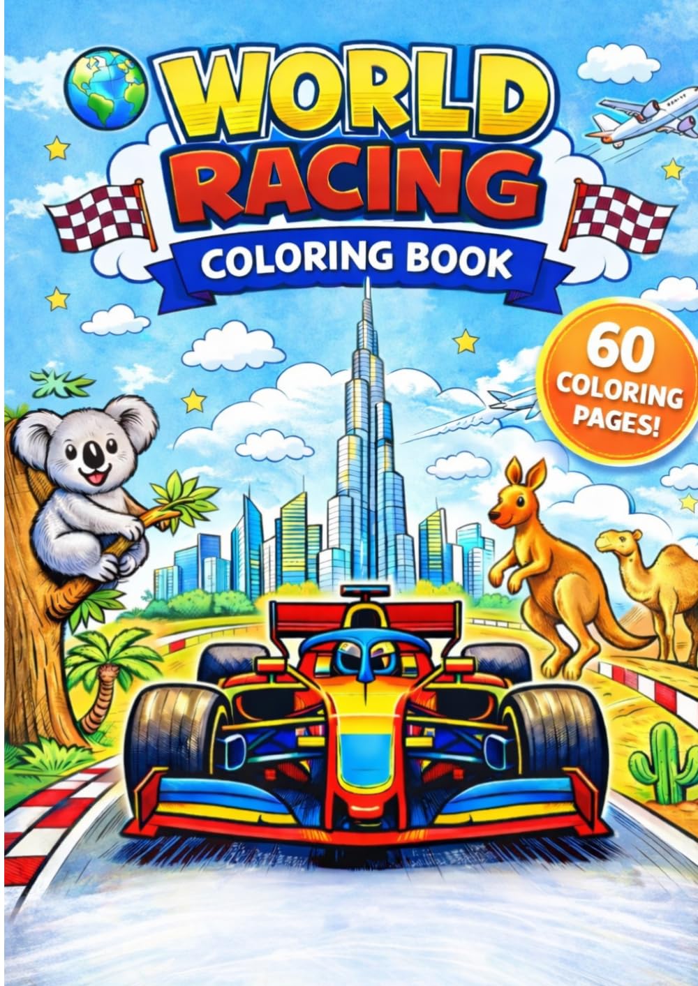 world racing: Fun grand prix Scenes with Animals & World Landmarks – 60 Pages of Coloring Fun for Kids and adults
