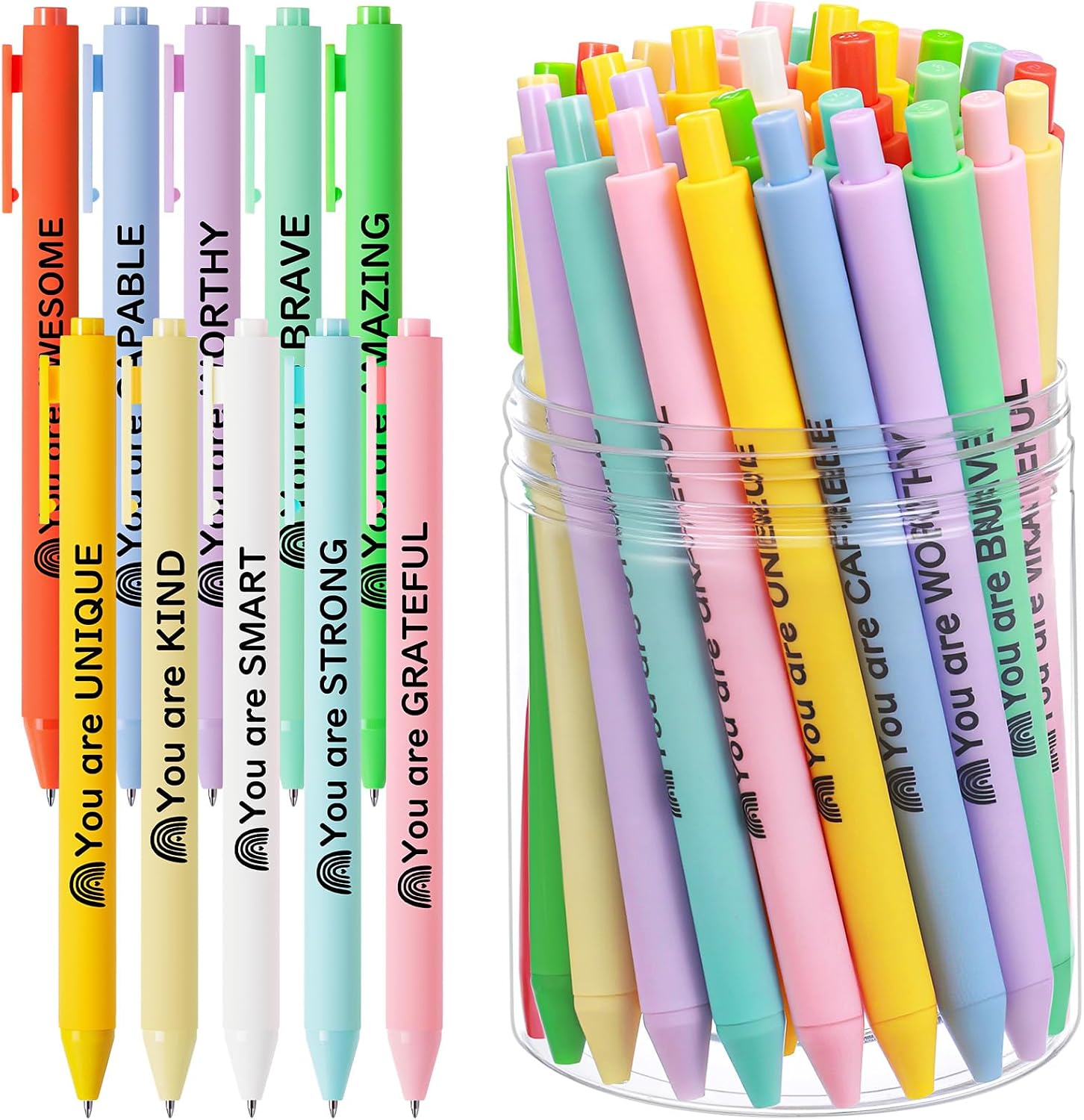 50 Pcs Motivational Gel Ink Pens Bulk with Different Inspirational Quotes Cute Pastel Inspirational Ballpoint Pens Bulk Smooth Writing for Thank You Gifts Teachers Student Coworkers Staff Volunteer