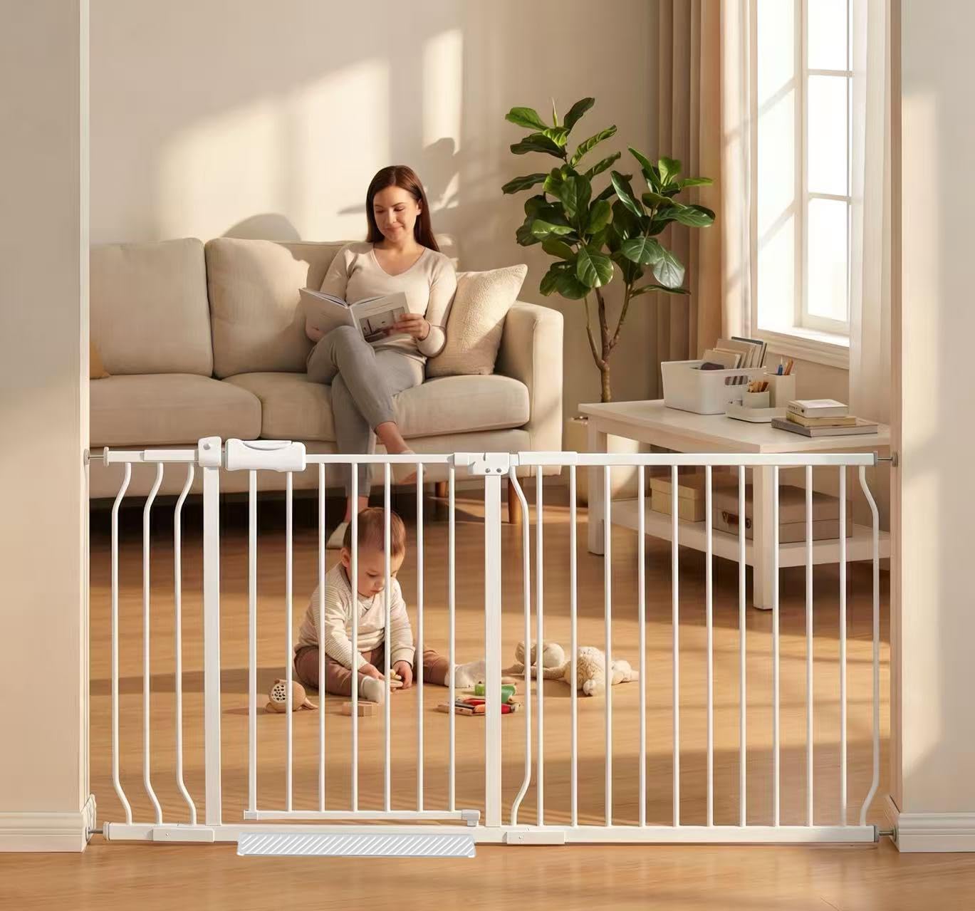 COSEND Extra Wide Baby Gate Tension Indoor Safety Gates White Metal Large Pressure Mounted Pet Gate Walk Through Long Safety Dog Gate for The House