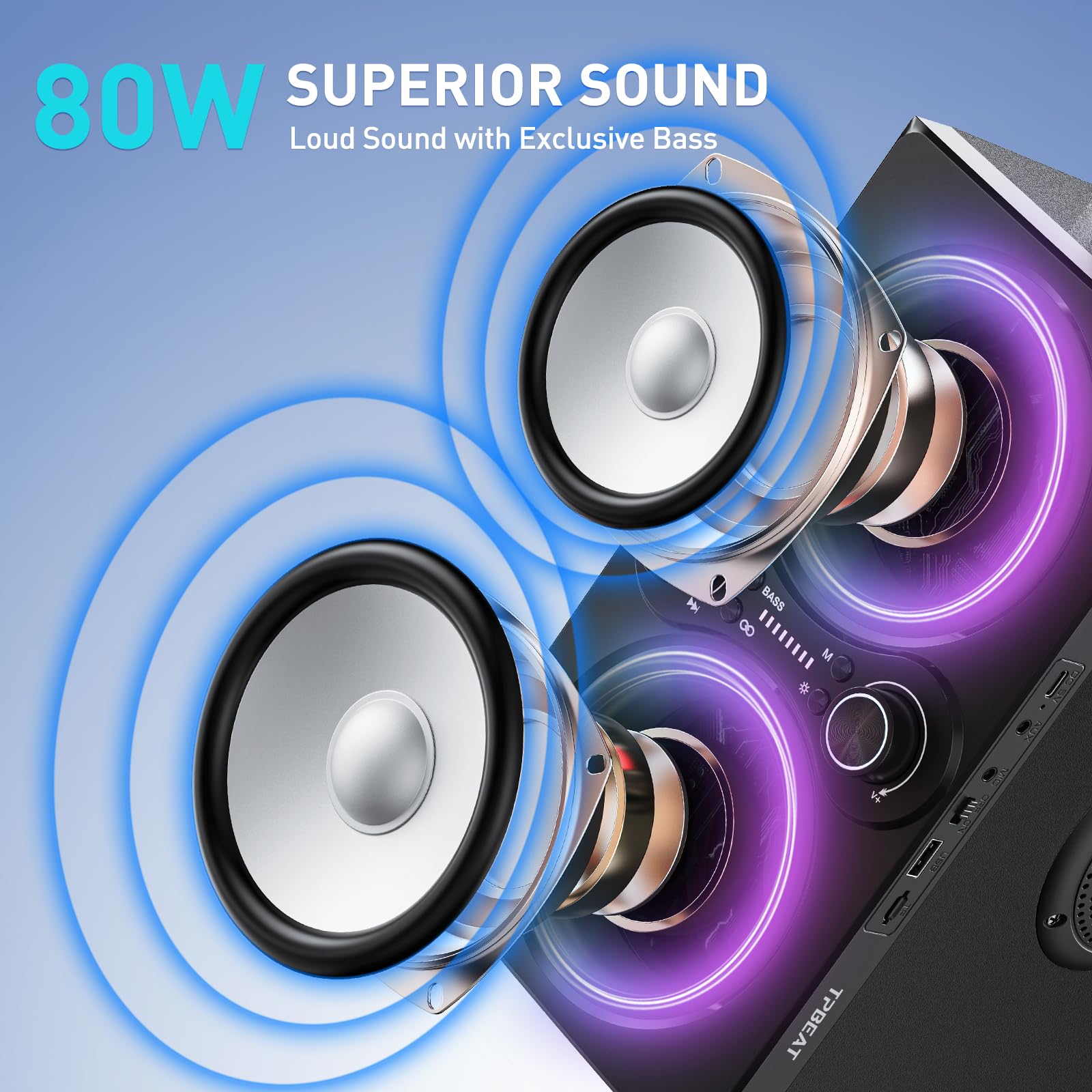 TPBEAT Cassa Bluetooth Potente Portatile, 80W Party Wireless Altoparlante Bluetooth, con Luci, Super Bass, Speaker TWS Stereo ad Alto Volume da 100dB, per Party,Campeggio