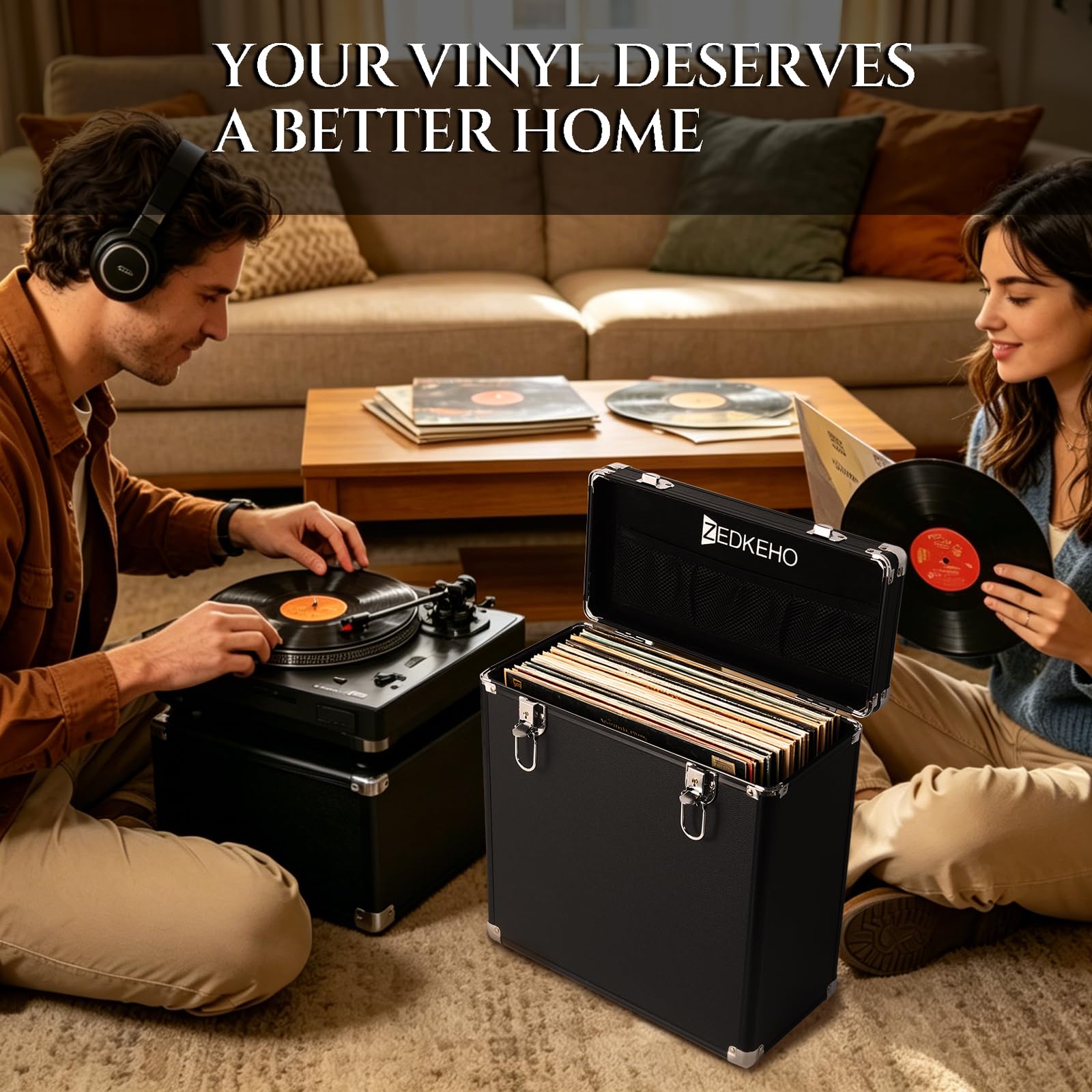 ZEDKEHO Caja de almacenamiento de discos de vinilo con cerradura, capacidad para más de 35 álbumes de LP, almacenamiento de discos reforzado con protección contra el polvo y la humedad para discos de