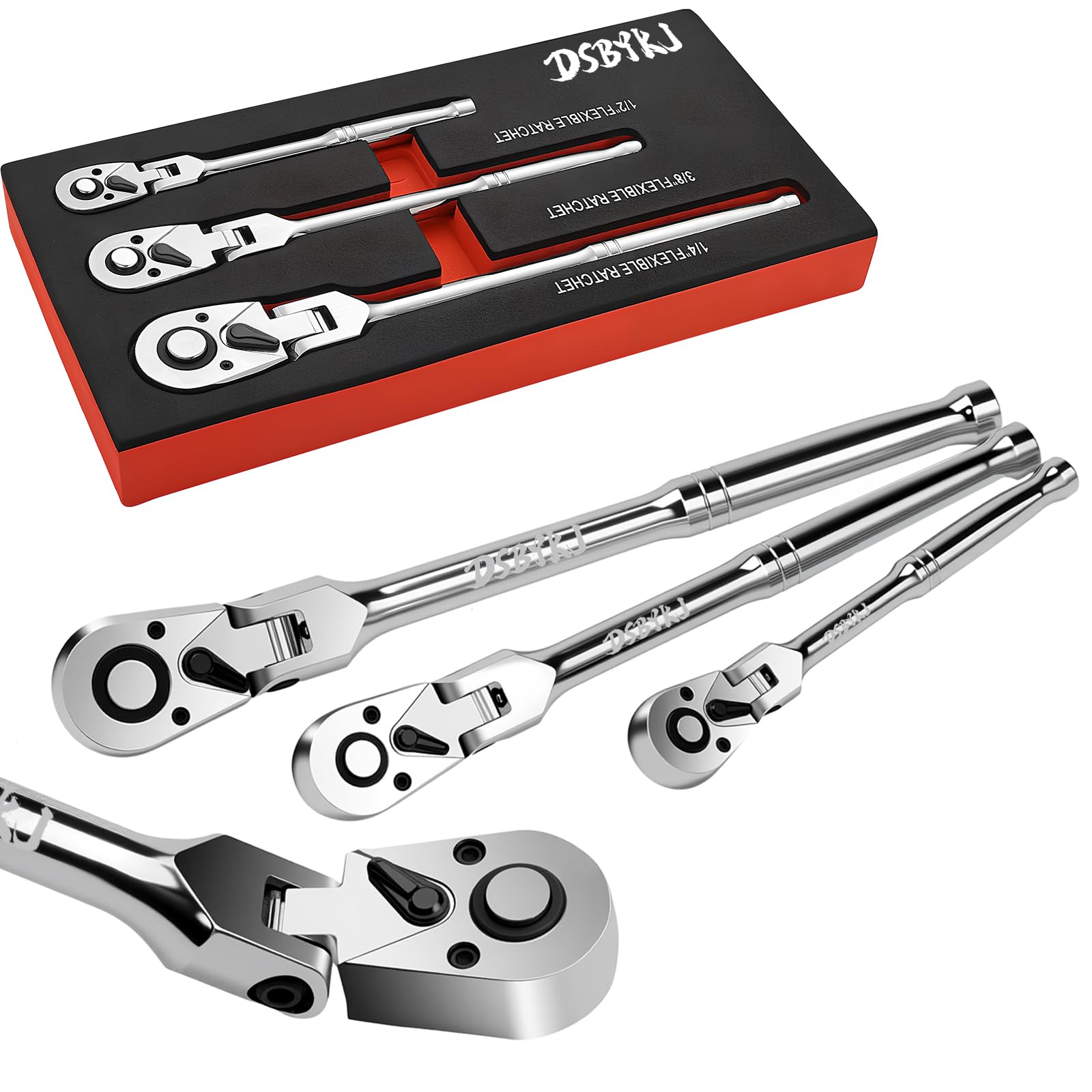DSBYKJ 3-Piece Elbow Ratchet Set in Different Sizes, 1/2, 3/8, 1/4 Inch Drive Ratchet Set, 72-Tooth Quick-Release Flexible Swivel Head Ratchet Wrench