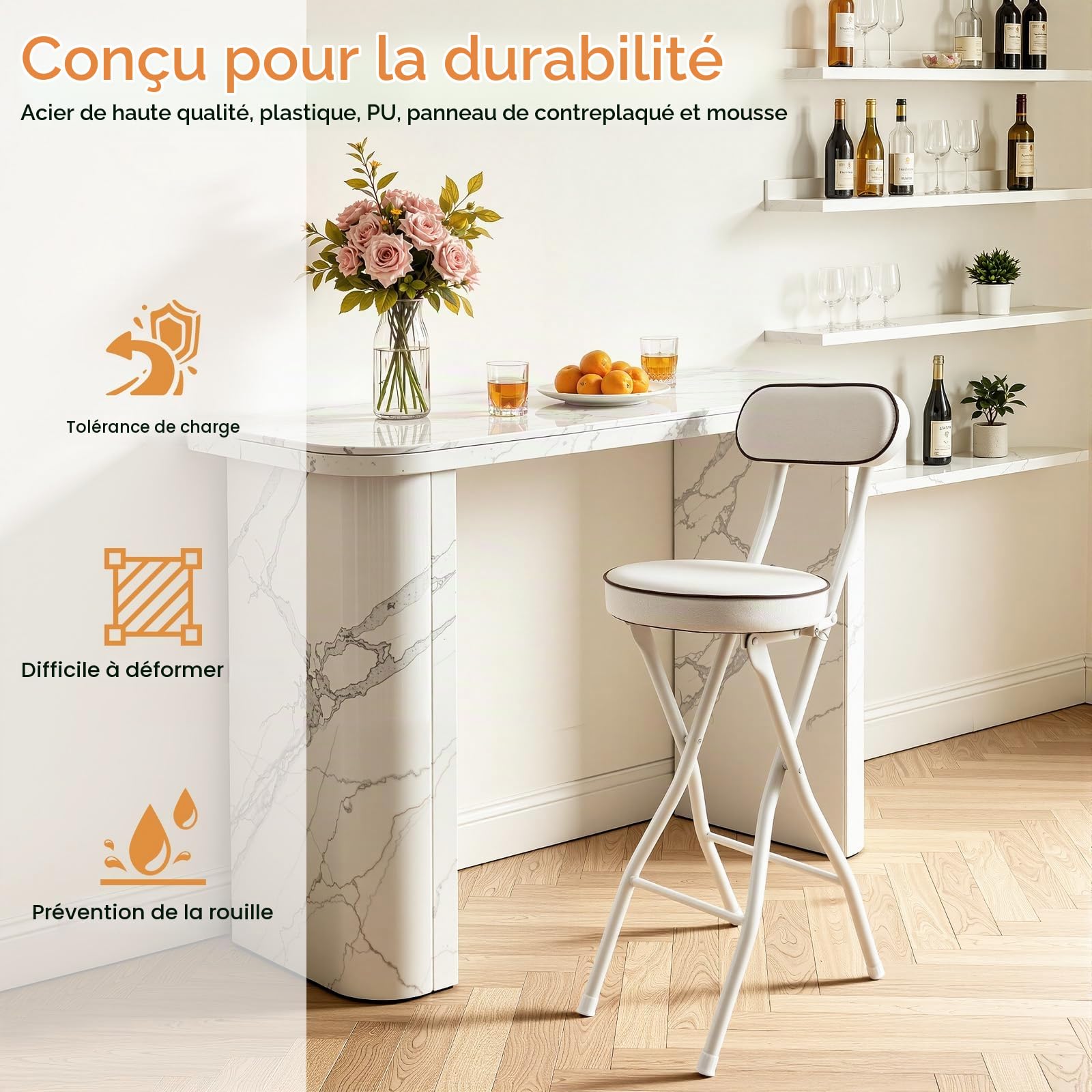 Lot de 2 tabourets de bar pliables avec dossier - Portable - Pour l'extérieur - Chaise haute rembourrée - Tabouret pliable - Blanc