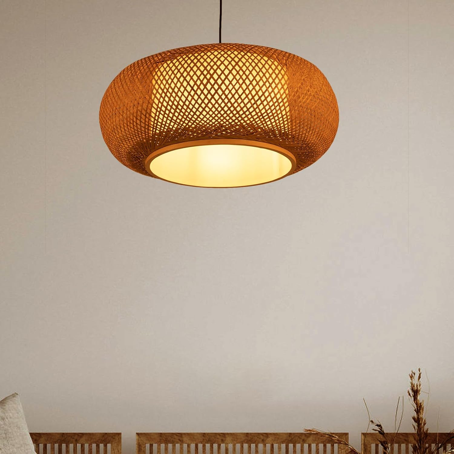 1-Light Chandelier Bamboo Wicker Rattan Shade Pendant Lamp Adjustable Height Modern Hanging Ceiling Lamp for Kitchen, Dining Room, Entryway, Stairway, Cafe, Club, Bar, Restaurant, Library