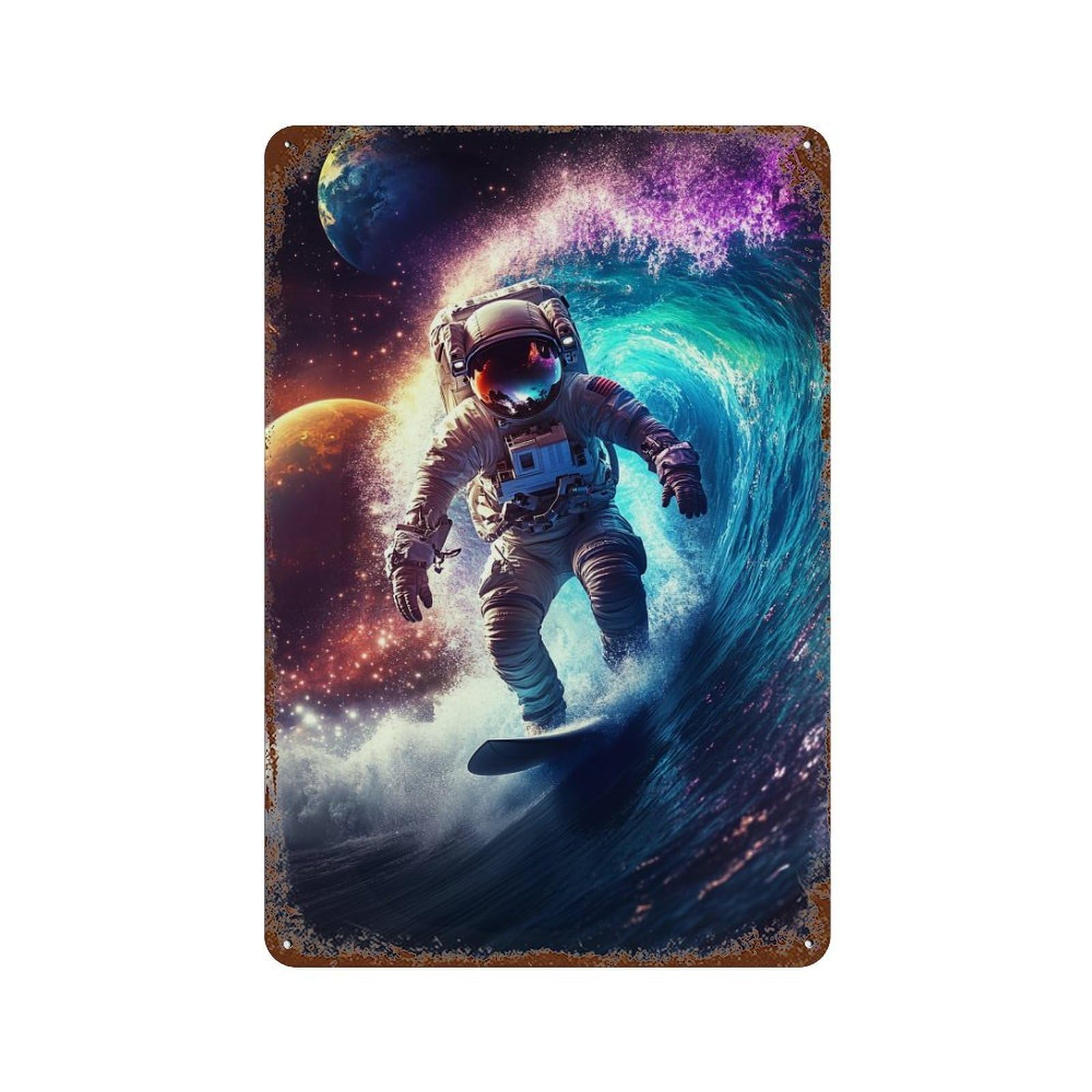 Space Surfing Adventure-10 11.8"x7.9" Weathered Tin Sign, Rustic Home Decor for Living Room, Hallway And Home Decor