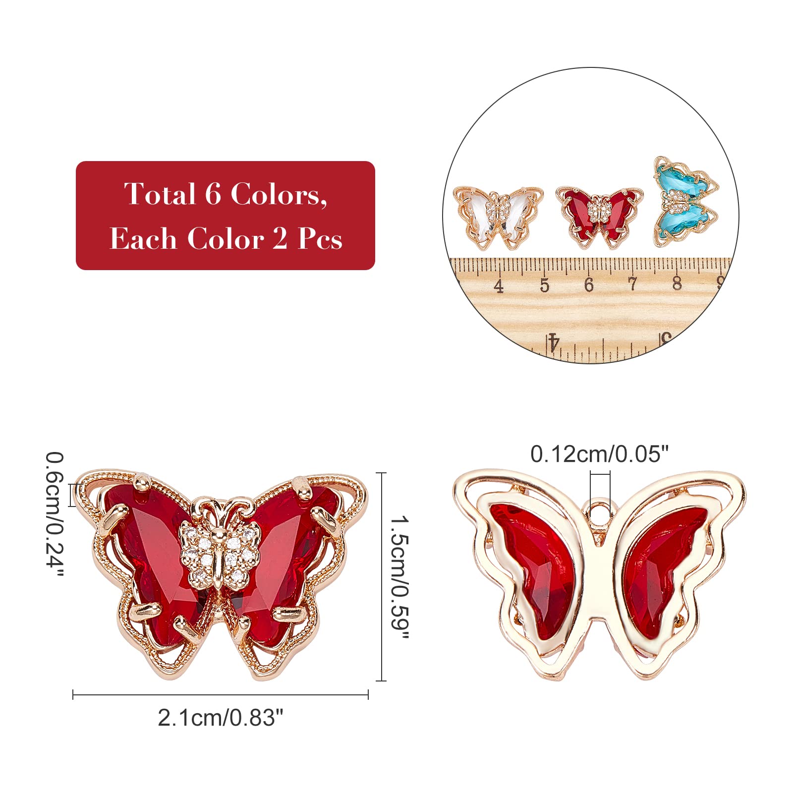 nbeads - Colgante de mariposa de cristal, 12 unidades, 6 colores, colgante de mariposa de latón, micro pavimento claro, circón cúbico, colgante para collar, pulsera y pendientes, fabricación de joyas