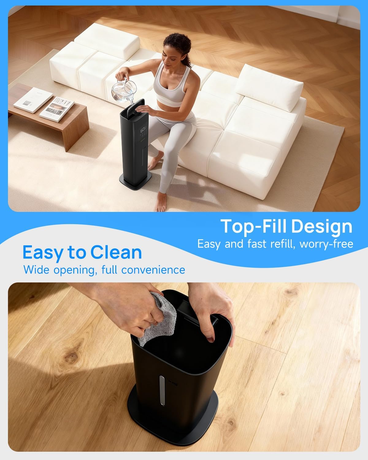 Humidifier showing three mist levels: Low, Medium, High