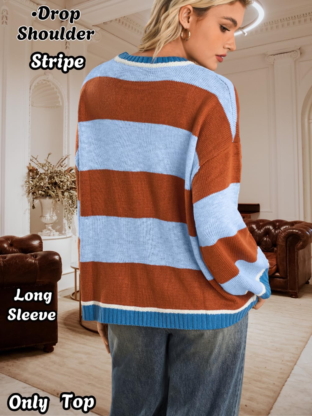 Striped Sweater Women,Color Block Oversized Sweaters,Cute Fall Knit Top Halloween Costume - Image 3