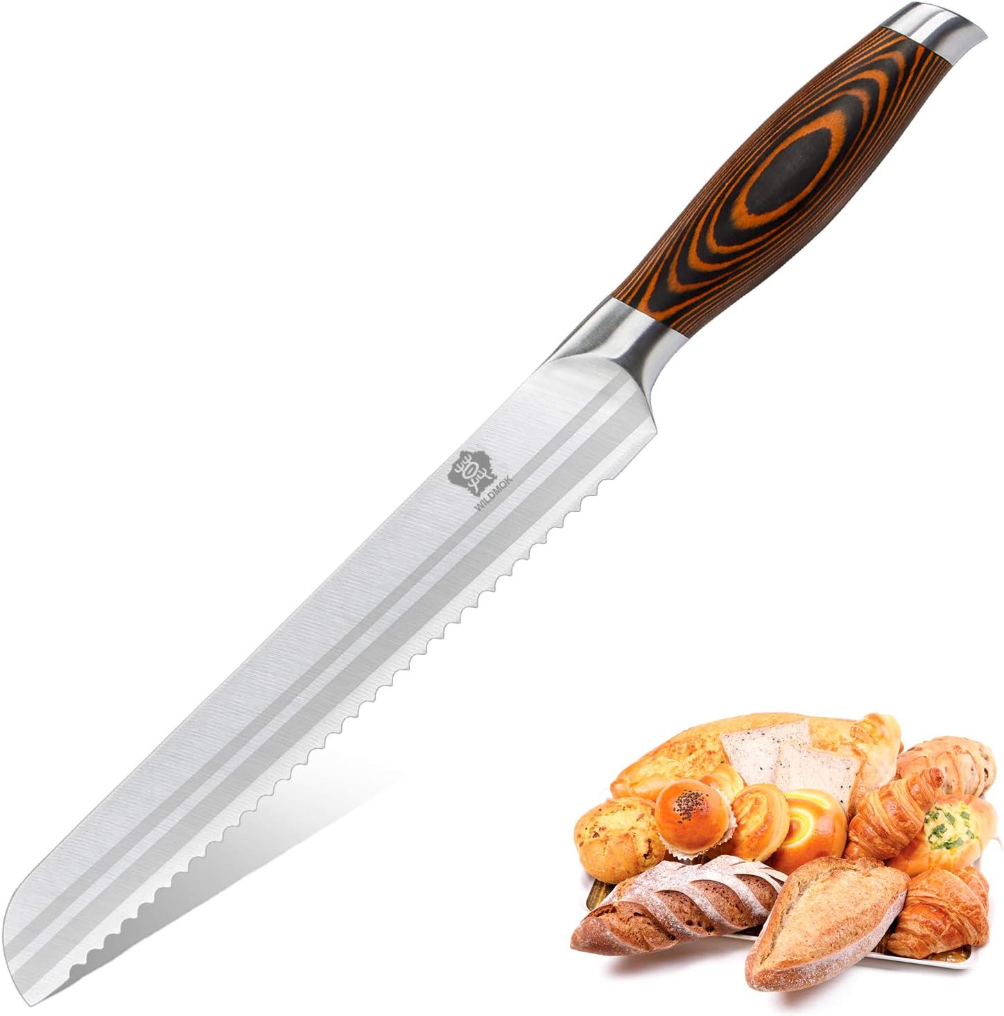 WILDMOK Cuchillo de cocina serrado de acero alemán de 20,32 cm, mango ergonómico, cuchilla afilada para cortar pan, pasteles y frutas grandes
