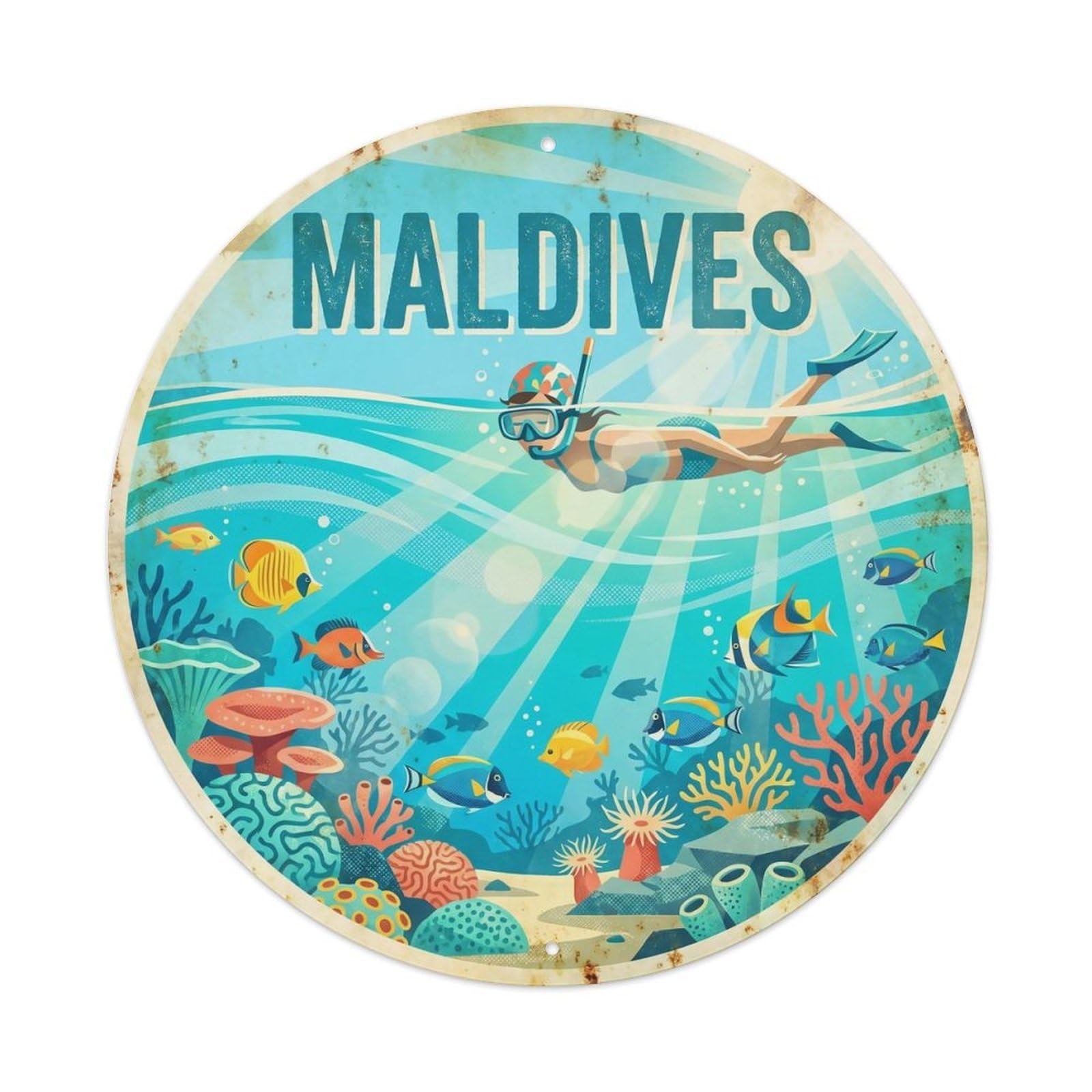 Odgynaw 8X8inch(20X20cm) Maldives Snorkeling Coral Reef Marine Wildlife Metal Tin Sign